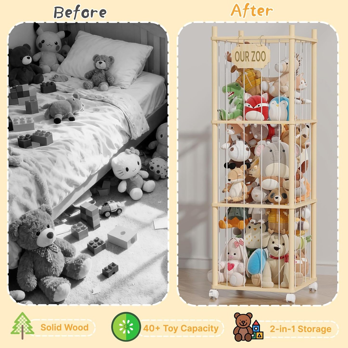 Stuffed Animal Storage, Wood Stuffed Animal Zoo with Wheels & Net, Toy Storage Organizer with Elastic Band, Large Capacity Toy Holder for Nursery, Playroom (3layers)