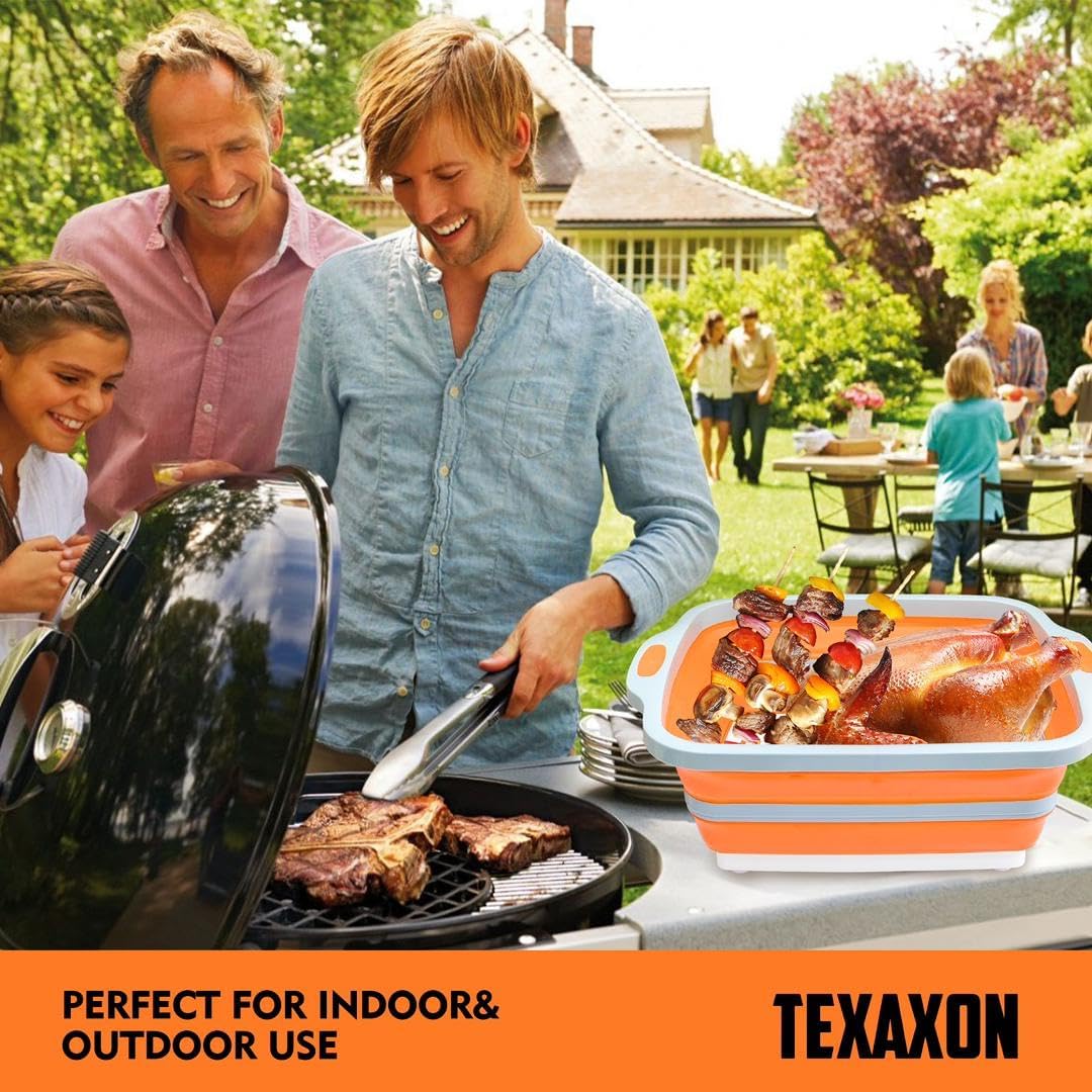 8L/16L BBQ Prep Tub with Cutting Board, Lid & Complimentary Mitts/Gloves – Collapsible Bucket for BBQ, Marinade, Picnic, Camping, Meat Prep – Orange/Black (Orange, Large)