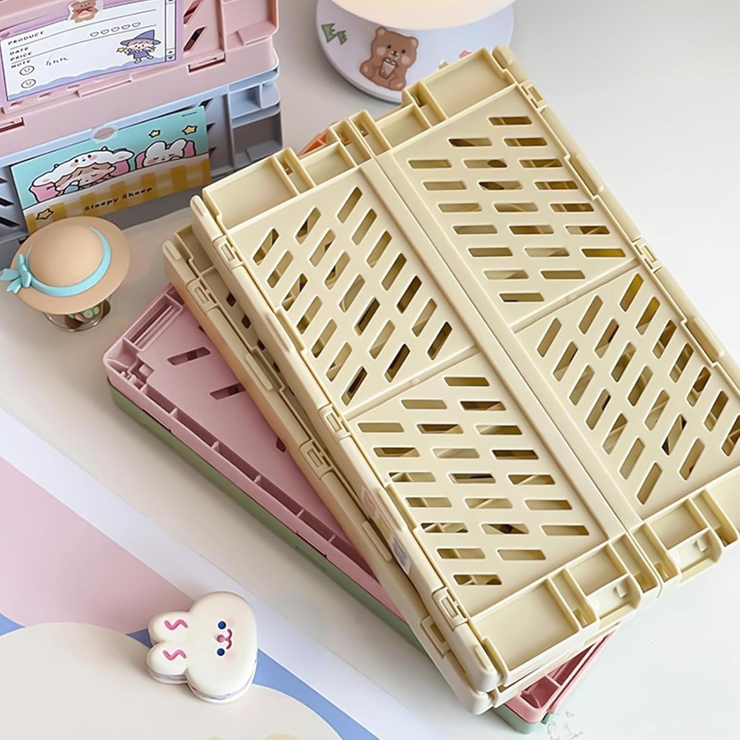Small Pastel Plastic Storage Bins 2Pcs Foldable Pastel Crates Plastic Basket Colorful Storage Containers Baskets for Classroom Kitchen Office Bedroom Desktop Home Decor (Pink 9.8" x 6.5" x 3.8")