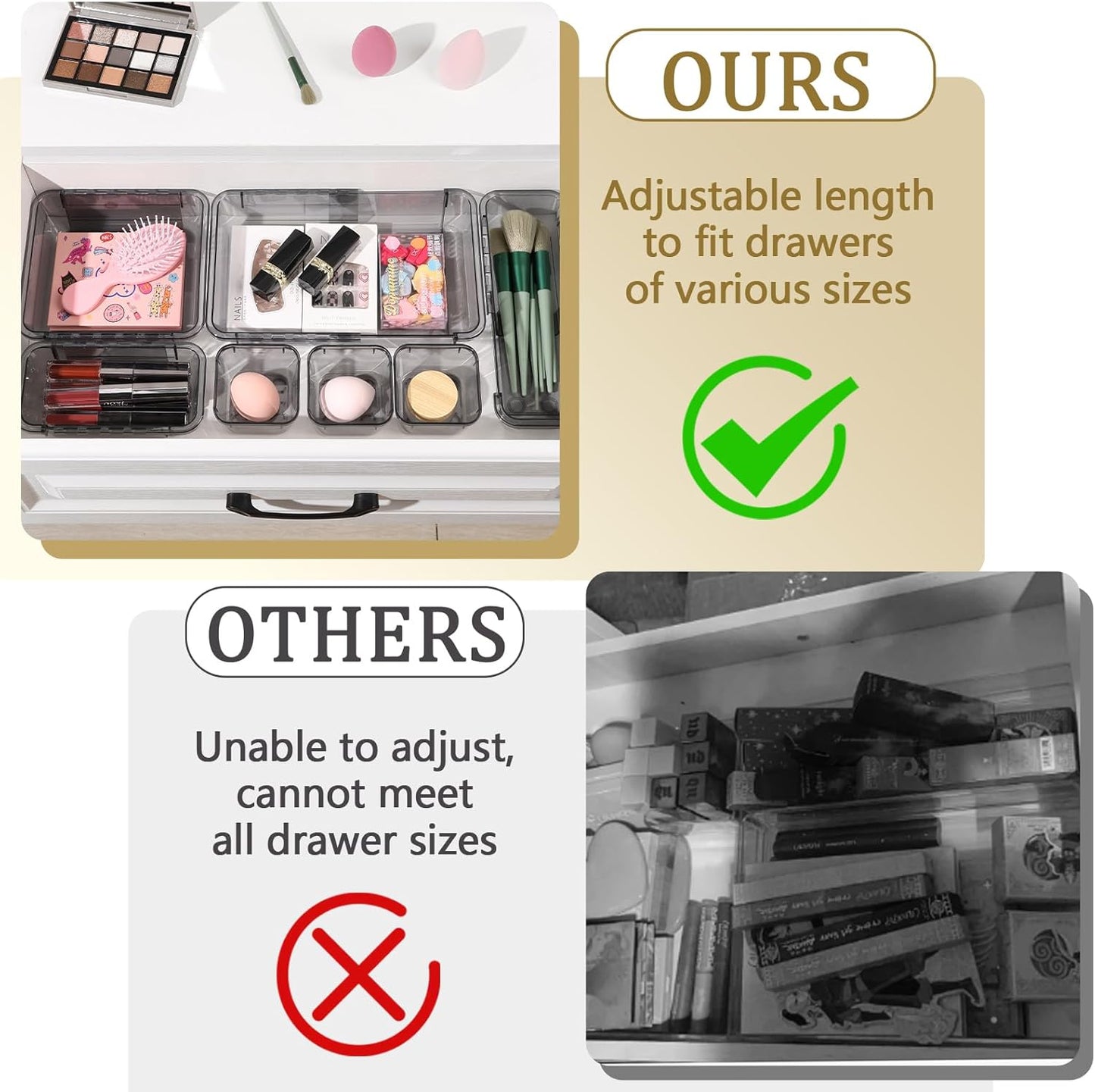 20 Pcs Adjustable Clear Drawer Organizer, Extendable Vanity Storage Bins, Desk Drawer Organizer Set for Makeup, Cosmetics, Bedroom, and Gadgets, Black