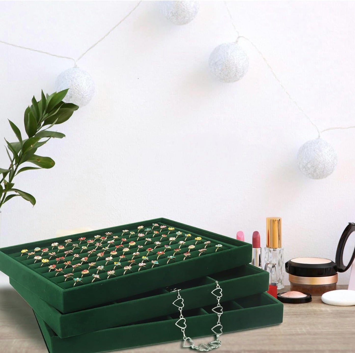 Rocutus Jewelry Trays,3 Pack Stackable Velvet Jewelry Organizer Tray Drawer Jewelry Storage Tray,Divided Ring Organizer Tray for Earrings, Necklaces, Bracelets,13.8"x9.5"x1.2" (Dark Green)