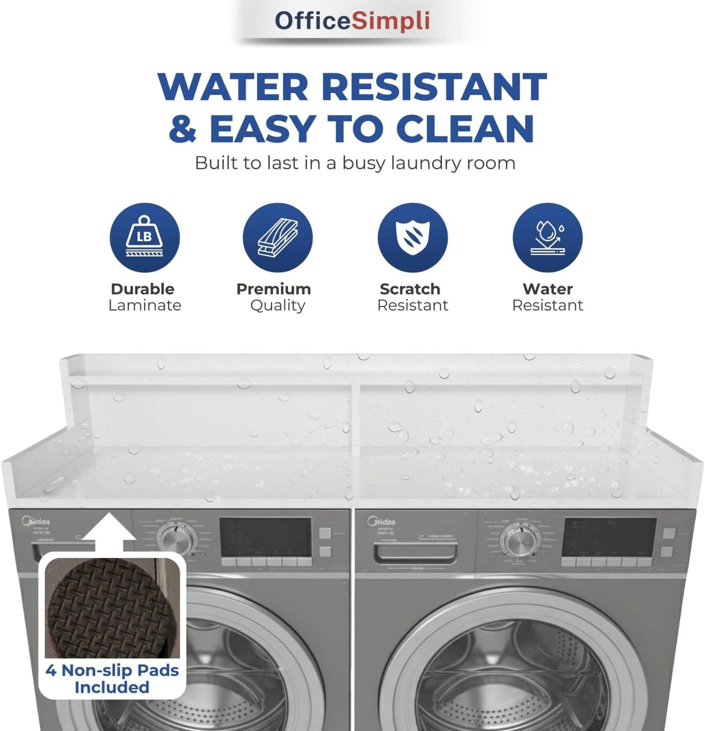 OfficeSimpli Washer Dryer Countertop with Shelf - 27.5 x 54 Inch - Made in USA Laundry Countertop Over Washer and Dryer with Non-Slip Pads, Storage Shelf, Laundry Topper Organizer, Gracier White