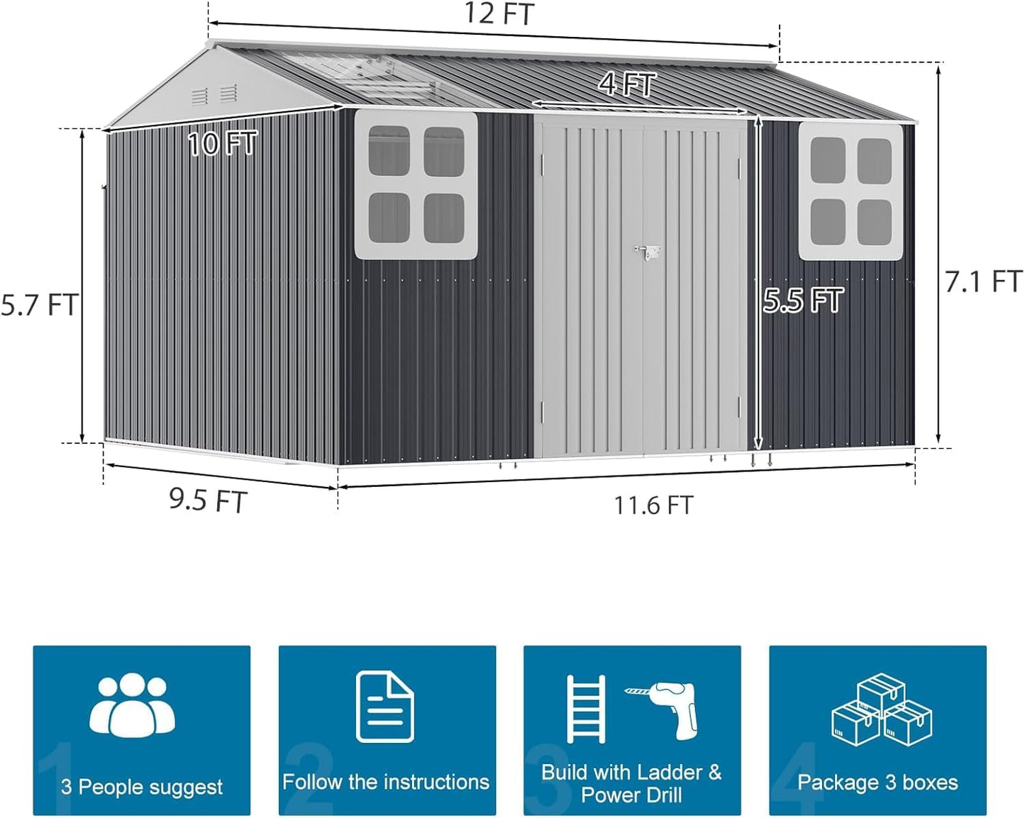 Restland 12x10 FT Outdoor Storage Shed Reinforced Frame Metal Shed with Clear Roof, Air Vent & Lockable Door Large Garden Tool Storage Sheds for Backyard, Garden, Lawn