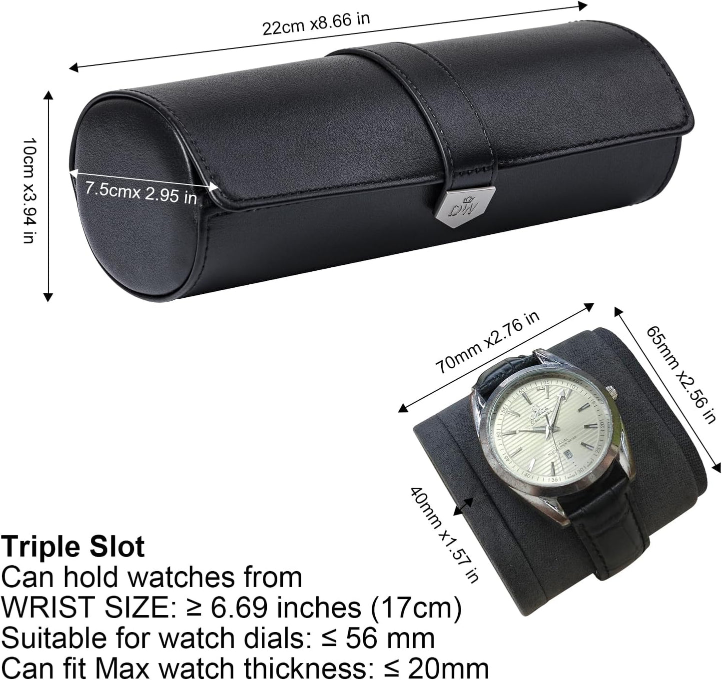 DUKWIN Watch Roll for 3 Watches,Vegan Leather Travel Watch Case Organizer with Removable Pillows for Men and Women,Display Case for Watches Collection and Gift for Anniversary Birthday(Black Storage)