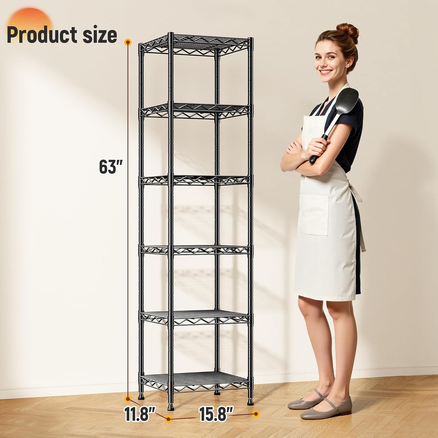 6 Wire Shelving Metal Shelves Storage Rack:Adjustable Storage Shelves Standing Shelf Units and Narrow Shelf for Laundry Bathroom Kitchen Pantry Closet Office 15.8" w*11.8" D*63" H