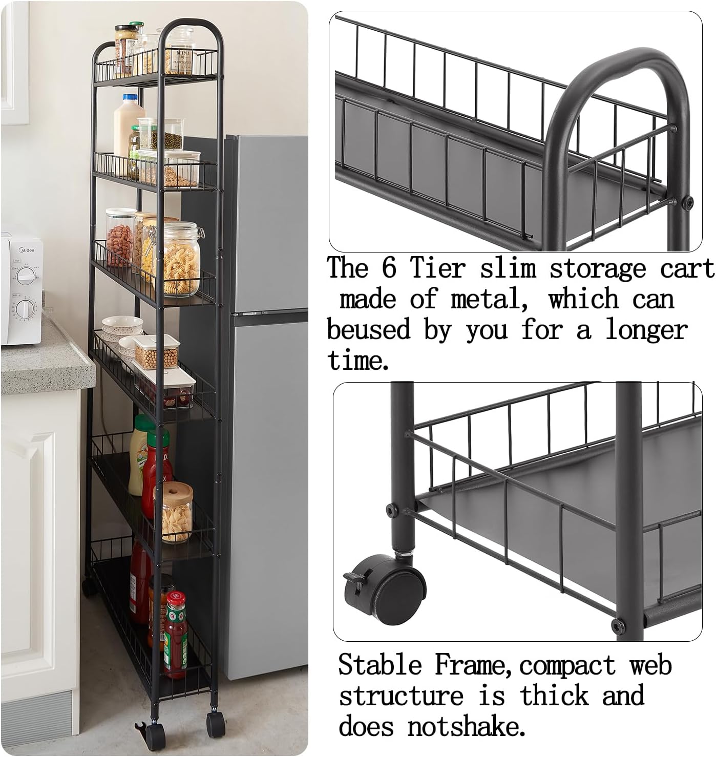 6 Tier 6in Slim Rolling Cart with Handle, White Mobile Shelving Unit with Wheels, Metal Wire Storage Rack with Baskets for Kitchen Bathroom Office Laundry Narrow Piaces