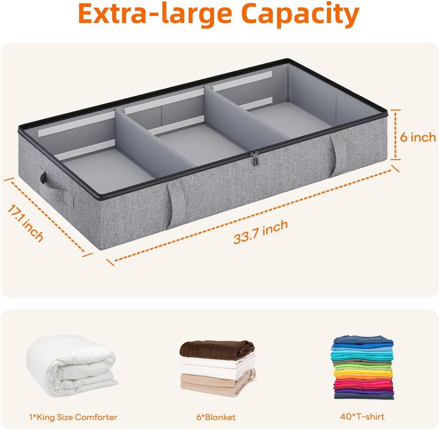 Vailando Storage Containers, 6 Inches Tall 60L Underbed Storage Bins with Dividers & Sturdy Handles & Reinforced Sidewalls, Closet Organizer for Clothes, Blankets, Seasonal Items, Dark Gray, 2-Pack