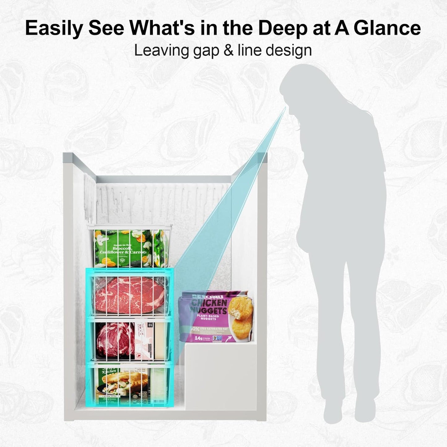 iSPECLE Chest Freezer Organizer Bins - 8 Pack Stackable Freezer Organizer for 5 to 7 Cu.Ft Freezer and Upright Freezer Over 8.5 Cu.Ft, Easy Get Food from Bottom, Add Extra Storage Space, White