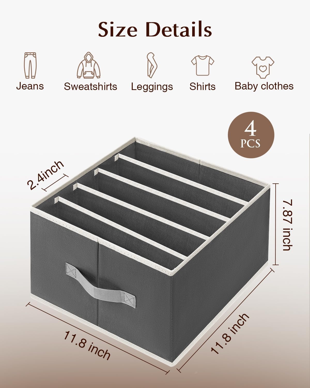 Clothes Organizers and Storage - Fabric Jeans Organizer with Handles, Foldable Drawer Dividers for Clothes, Closet Shelf Organizer for Shirts, Bra, Sweater, Scarf, 4 Pack, Dark Grey