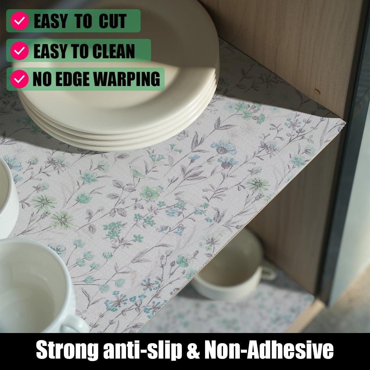 Blue and Green Floral Shelf Liners Non Adhesive and Strong Non-Slip Shelf and Drawer Liners for Kitchen Cabinet Wire Fridge, Waterproof Shelf Drawer Liner,Easy to Clean,12IN x 10FT