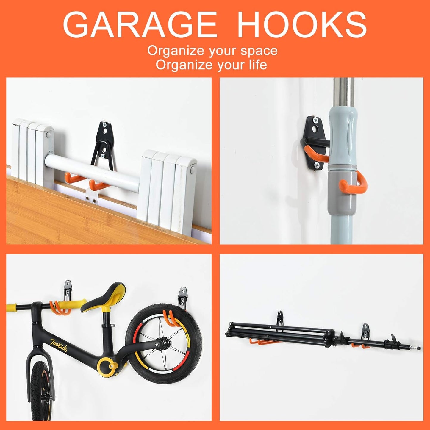 Aoben Heavy Duty Steel Garage Storage Hooks - Utility Hangers and Broom & Mop Holder Wall Mounted for Organizing Cleaning Tools, Mops, Garden Tools (8 Pack)