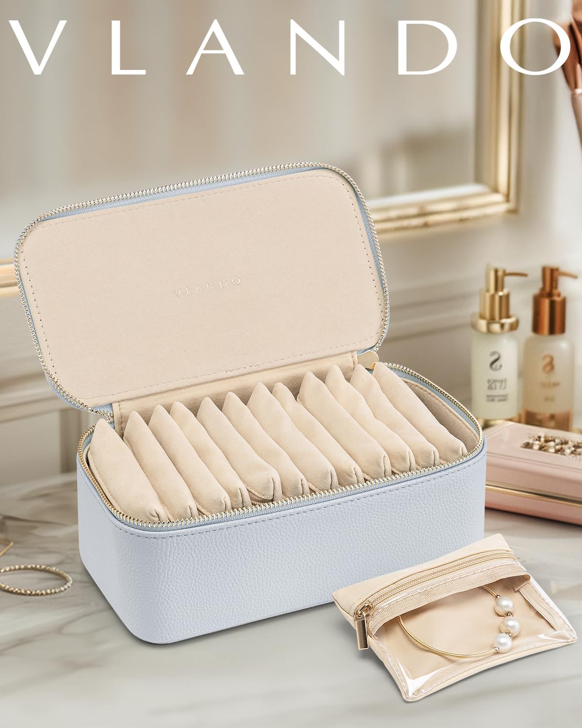 Vlando Travel Jewelry Case Organizer,Small Jewelry Box with 12 Velvet Jewelry Storage Pockets,Christmas Gift Ideas for Bride Friends Women Girls-Baby Blue