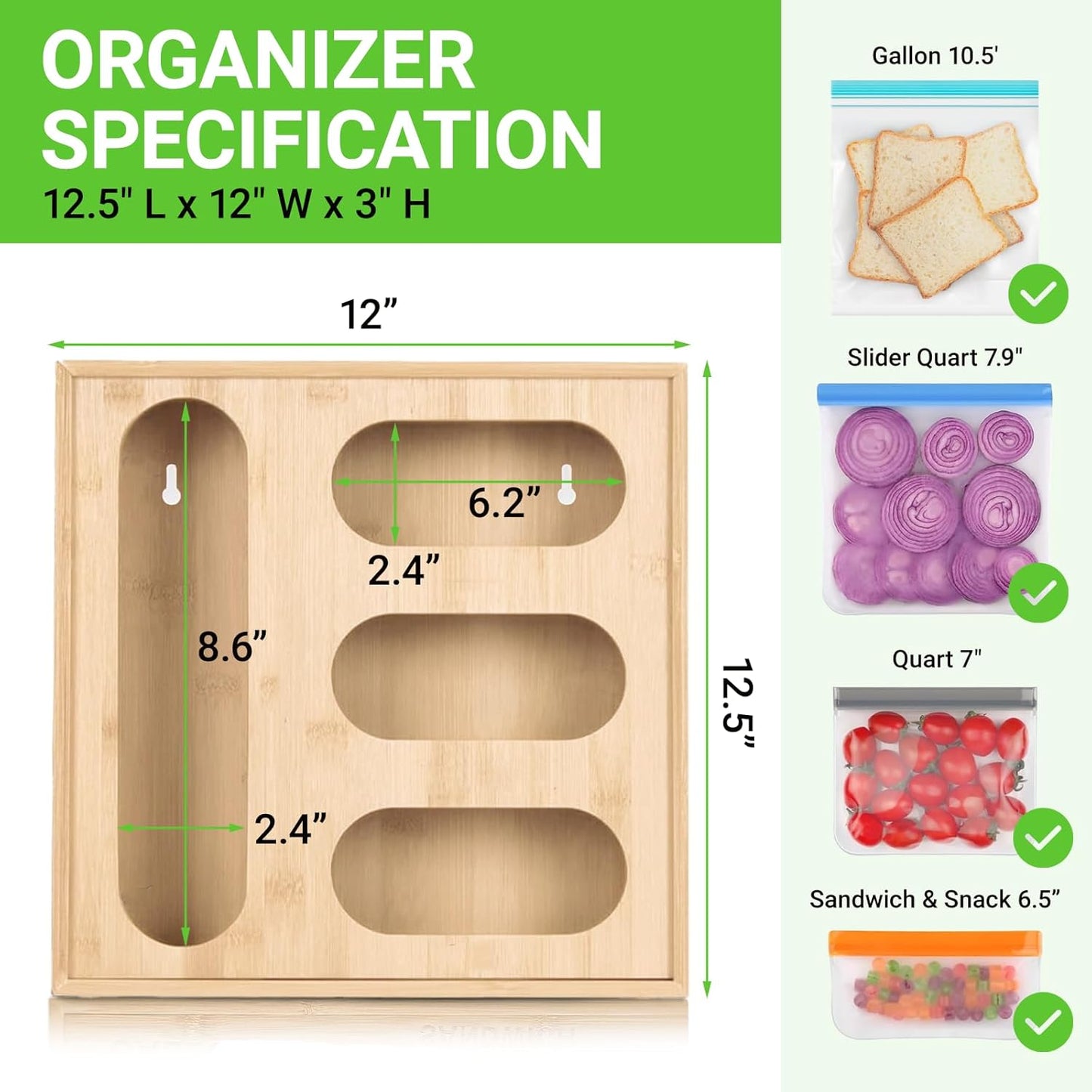 Baggie Organizer for Drawer, Wooden 4 Slot Zip Lock Storage Bag Organizer Holder - Wall Mounted Kitchen Food Baggie Dispenser Compatible with Sandwich Snack Gallon Quart Tea Slider Bags
