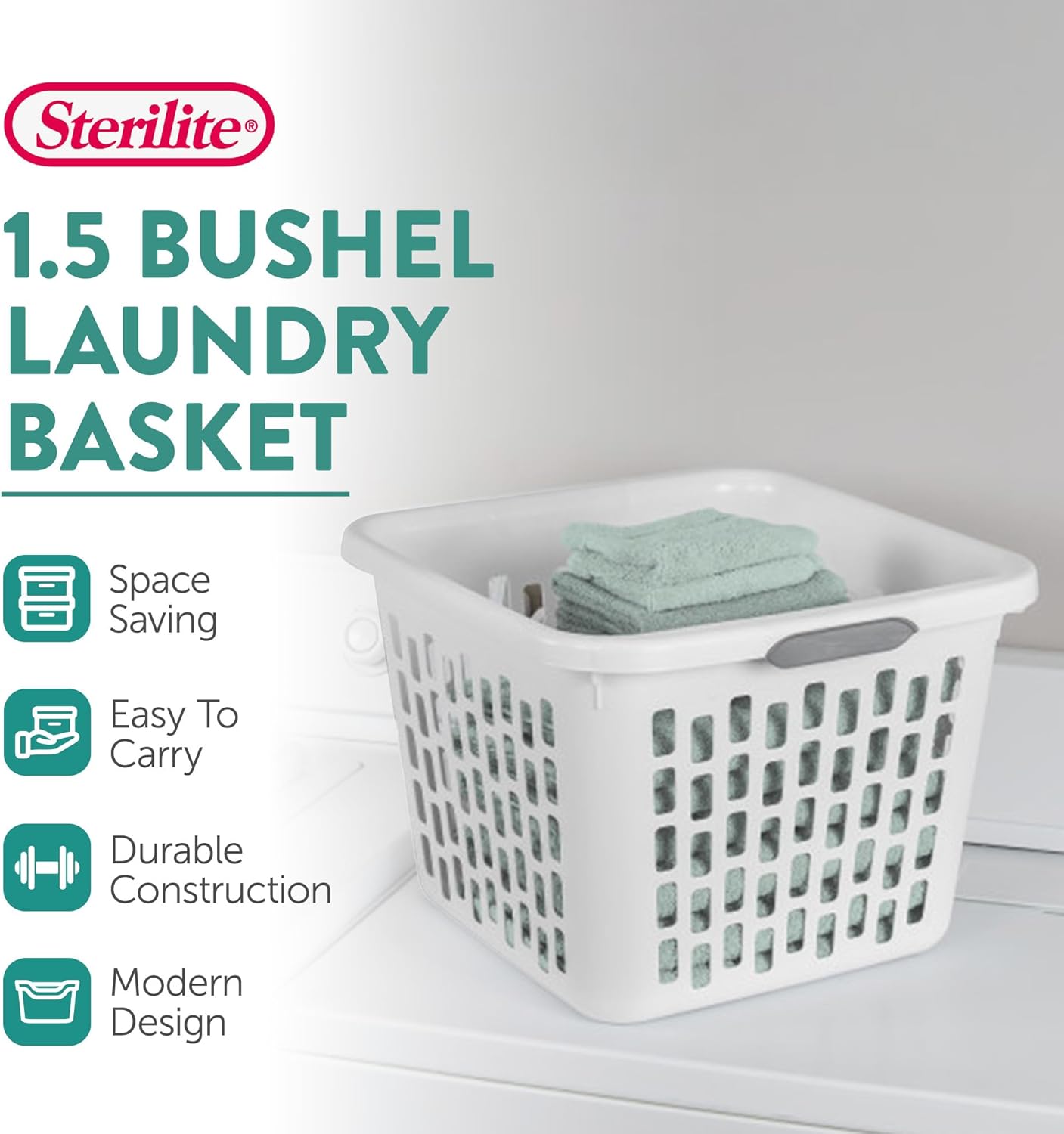 Sterilite Laundry Basket, Plastic Clothes Hamper, Large Square Bin with Comfort Grip Handles and Reinforced Rim, 1.5 Bushel Capacity, White, 12 Pack