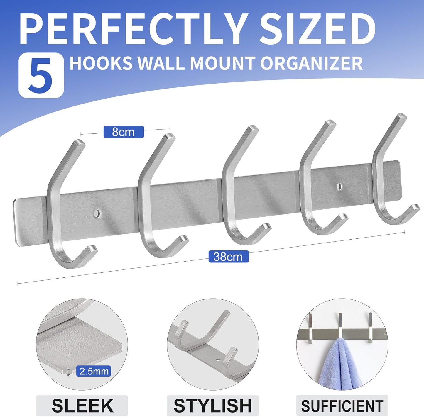 GlazieVault Coat Rack Wall Mount - Stainless Steel (2 Pack) - Heavy Duty Hooks for Hat, Towel, Robes, Jacket, Clothes - Bathroom, Entryway Hanger