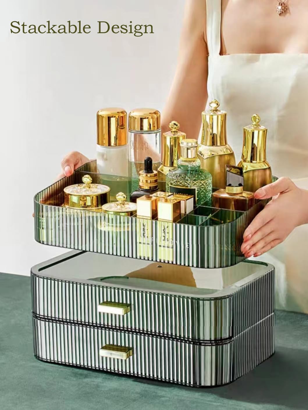 MIUOPUR Makeup Organizer with Stackable Drawers, Bathroom Vanity Organizers and Storage, Ideal for Desk and Dresser Countertops, Great for Cosmetics, skincare, Lipsticks, Nail Care -Green