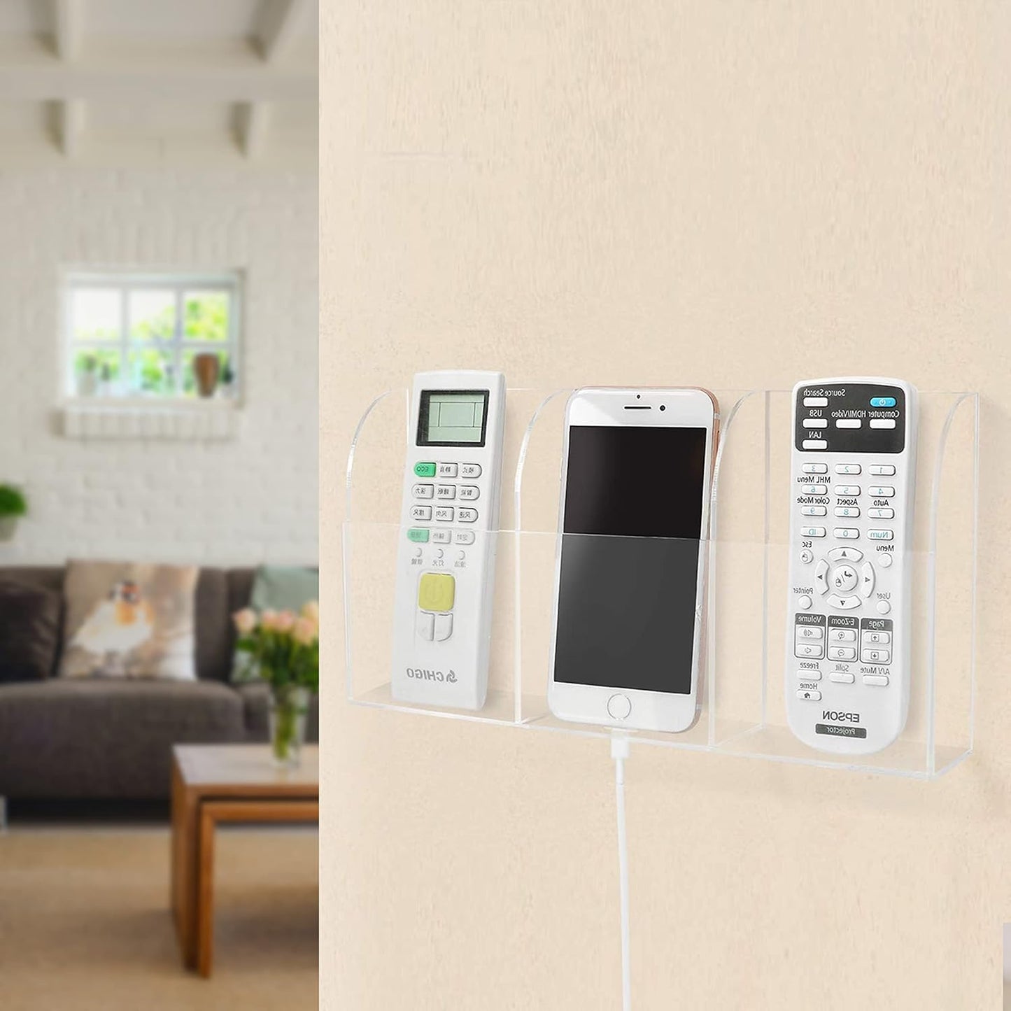 Large Acrylic 3-Slot Wall Mounted Smart Phone Charging Holder Station Clear Hanging TV Remote Controls Holder Media Organizer Wall Pansyling