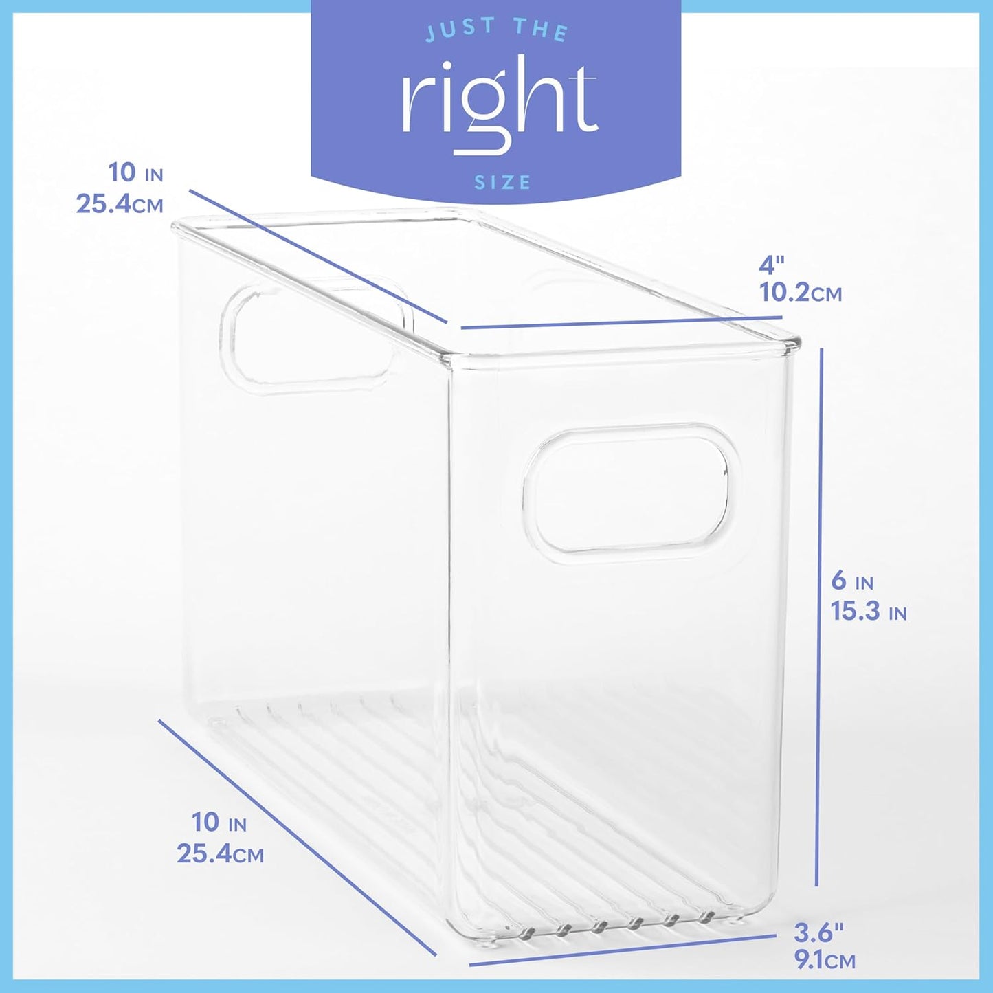 primebox Plastic Food Storage 4 Pack Clear Container Bin with Handles for Organizing Kitchen, Pantry, Refrigerator, Freezer, Pantry, Cabinet, Closet, Bathroom. 10”x4”x6”