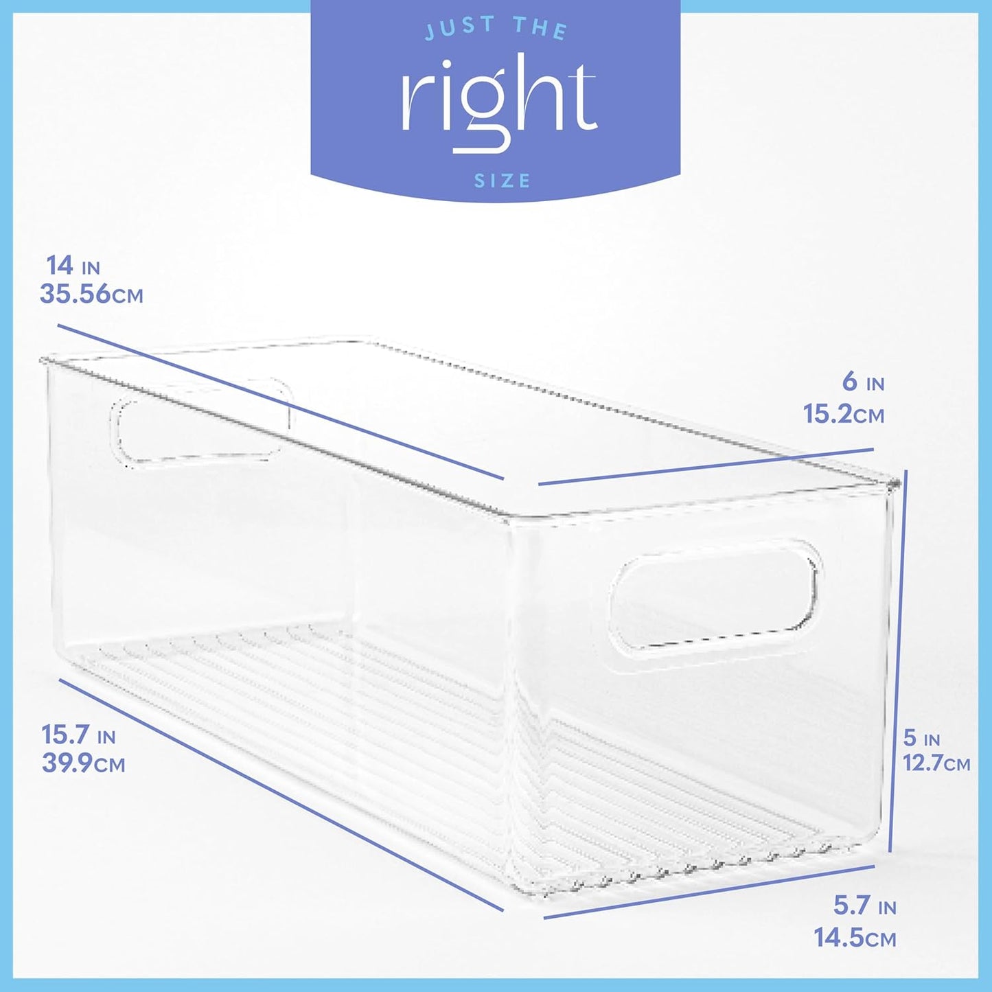 primebox Plastic Food Storage 4 Pack Clear Container Bin with Handles for Organizing Kitchen, Pantry, Fridge, Freezer, Pantry, Bathroom. 14"x6"5"