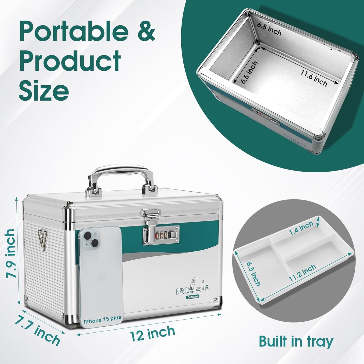 Glosen Medicine Lock Box with Combination Lock,Medication Lock box 【Medium 12 x 7.68 x 7.87 Inch】 Safe Lock Box,Medical Box Organizer