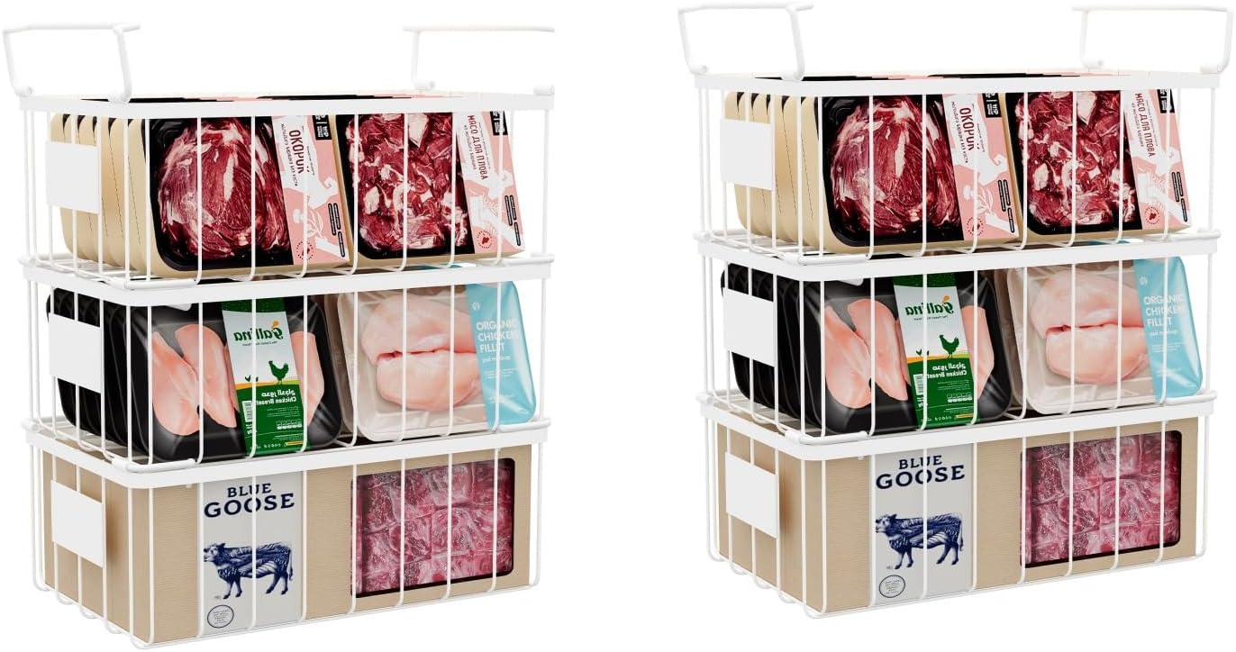 Freezer Organizer Bins With Tag, Stackable Freezer Baskets for Chest Freezer Sort Frozen Foods, Deep Freezer Organizer Bins with Handle Add Space Easy Reach, White Set of 6