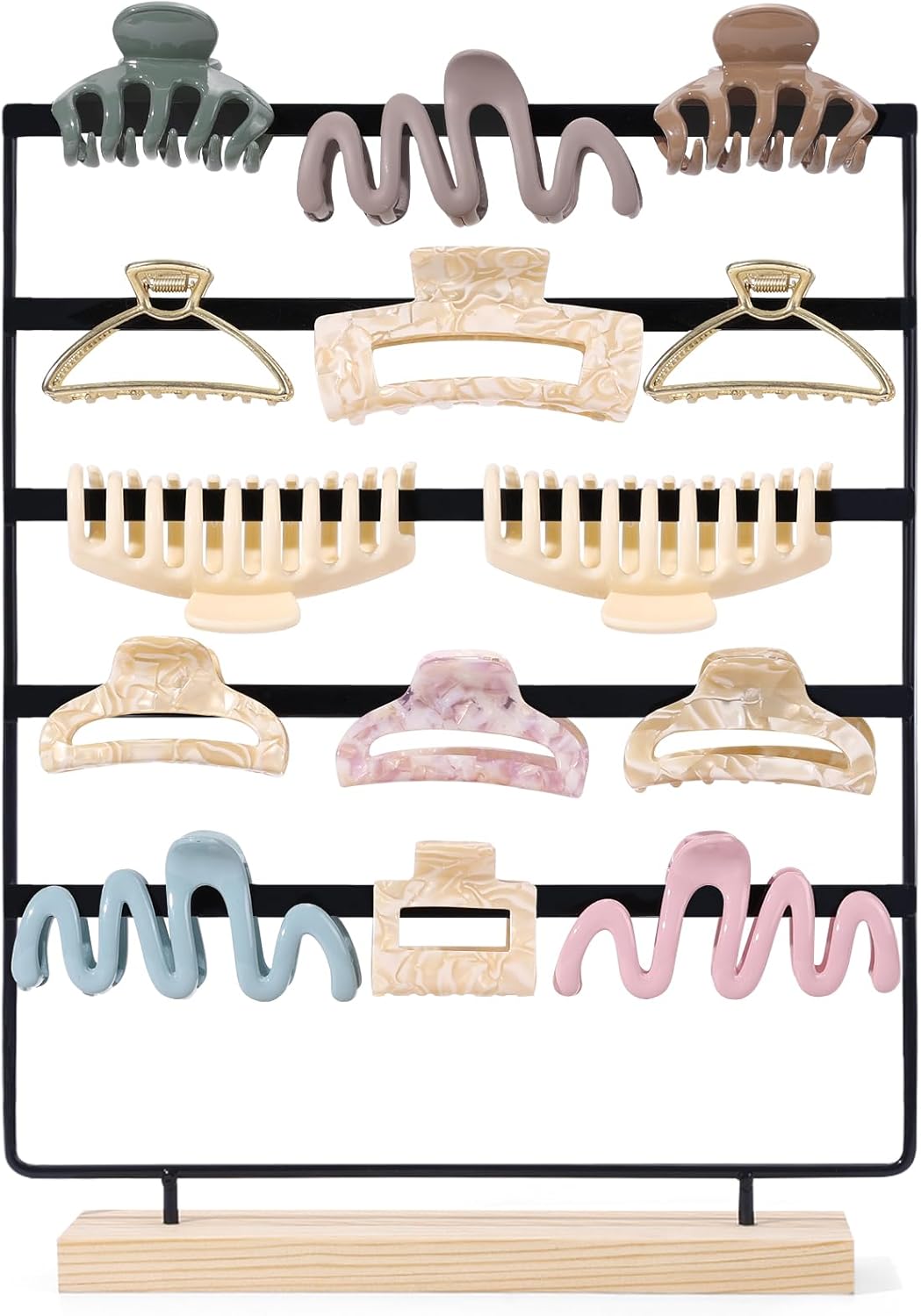 SNOWSTAR Hair Claw Clip Holder Organizer - 5 Tier Iron Rod Hair Clip Holder Storage for Women Girls, Wood Base Desktop Organizer