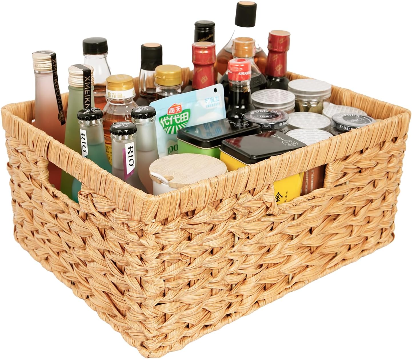 Large Wicker Basket, Hand-Woven Basket for Storage, Wicker Basket with 3 Handles, Waterproof Storage Basket for Shelves (1Pack)