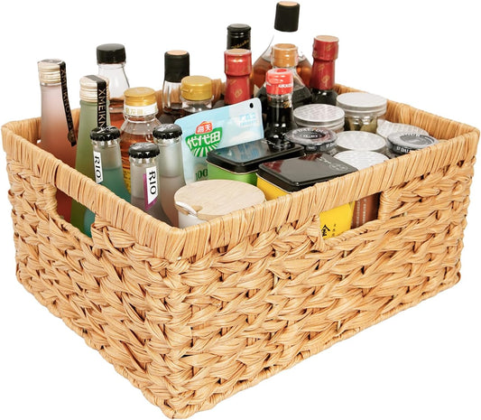 Large Wicker Basket, Hand-Woven Basket for Storage, Wicker Basket with 3 Handles, Waterproof Storage Basket for Shelves (1Pack)