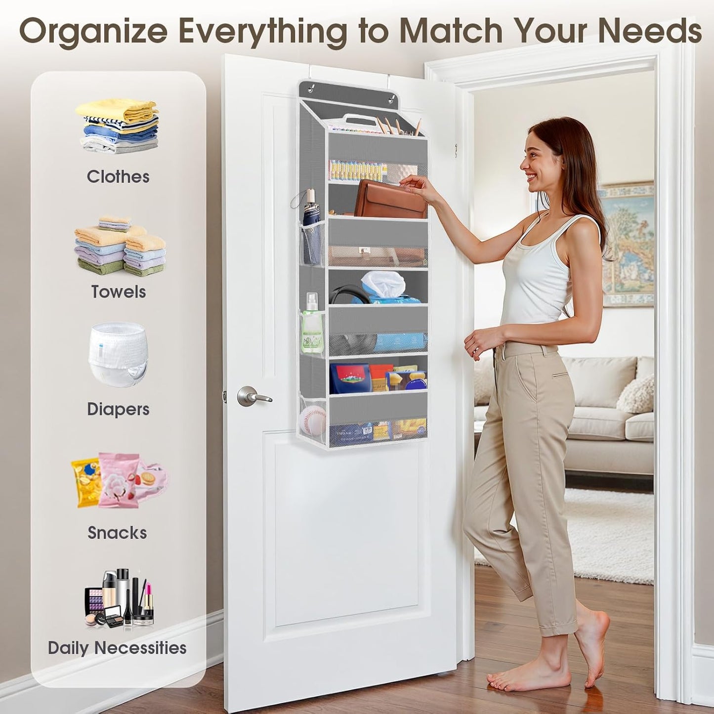 1 Pack Over The Door Organizer, Hanging Storage Organizer with Clear Window, 40lb Ultra Sturdy Large Capacity Room Organizer for Pantry Laundry Bathroom Nursery Closet Baby Essential (Grey)