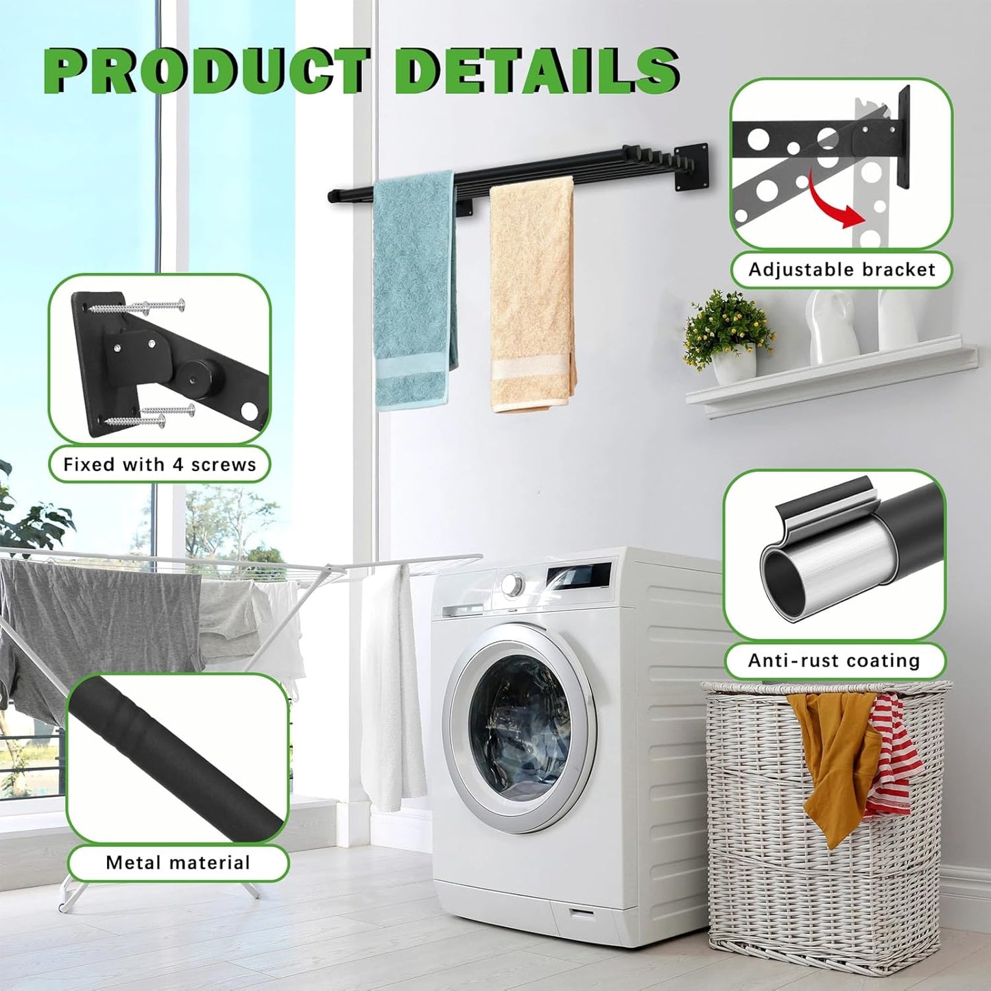 Wall Mounted Drying Rack, 57 Inches Wall Laundry Drying Rack Collapsible Indoor Clothes Drying Rack for Hanging Clothes