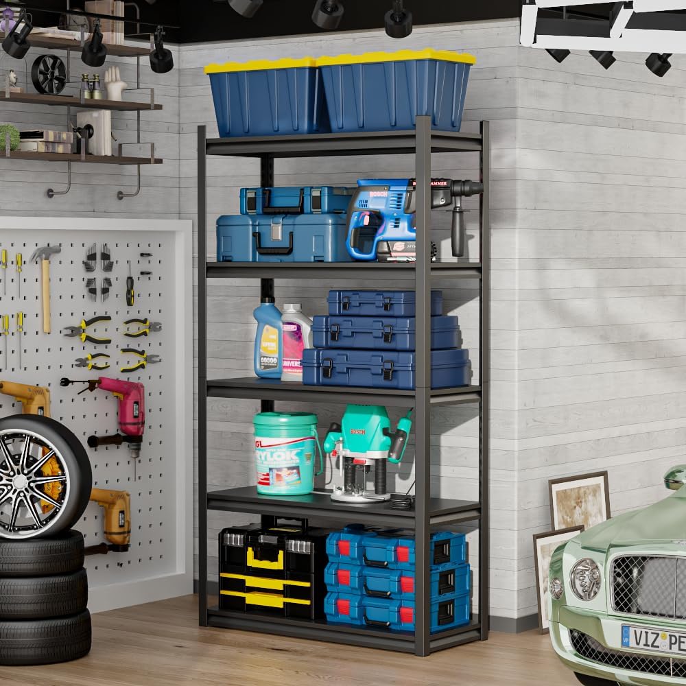 72" H Garage Shelving,5-Tier Heavy Duty Shelving Unit,3000LBS Adjustable Metal Storage Shelves,Storage Rack Units for Industrie,Shed,Warehouse,Basement,Black,48" W x 24" D x 72" H
