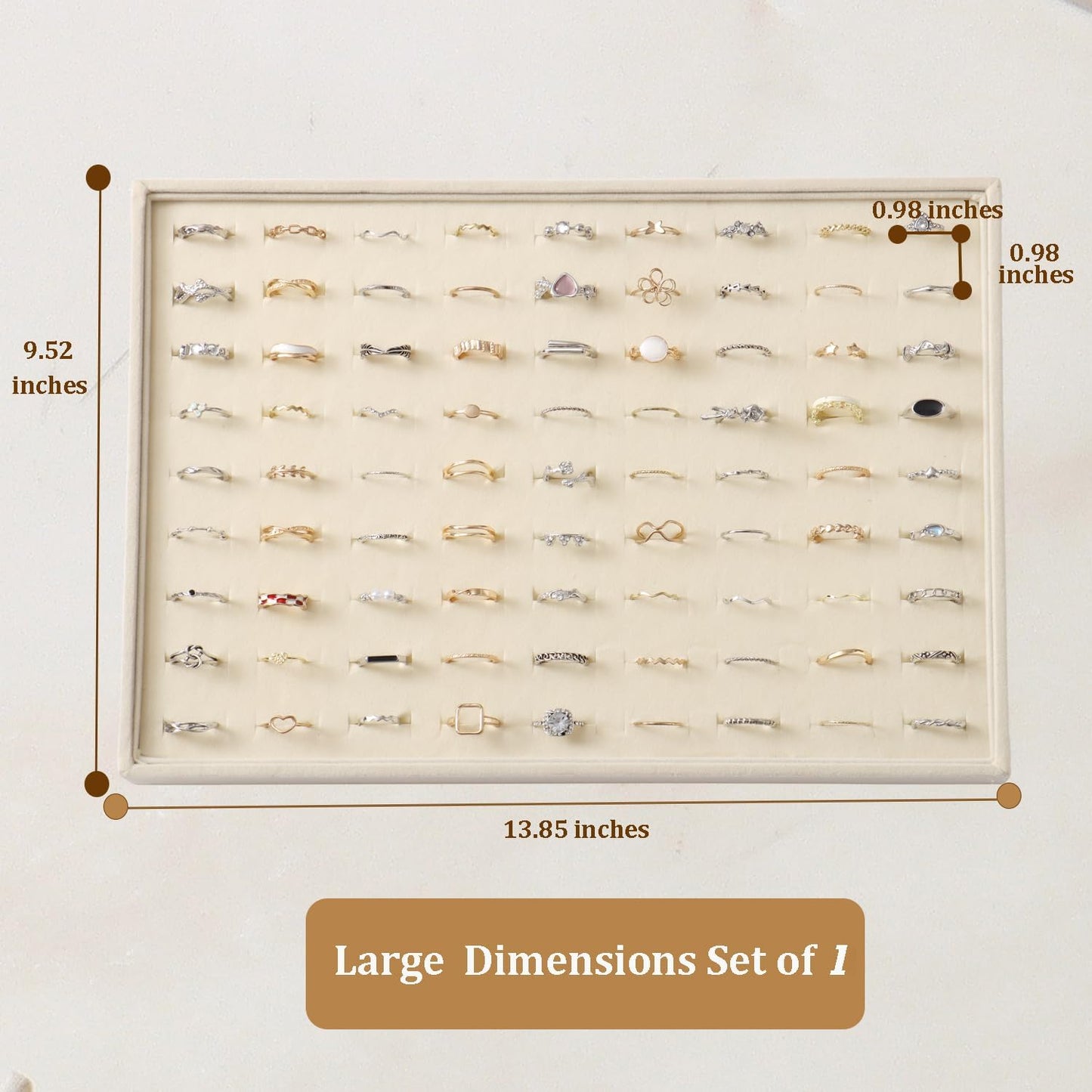 Large Jewelry Organizer for Drawer Insert Velvet Stackable Jewelry Trays for Earring Necklace Bracelet Ring Display (Beige, Ring 100 Slots)