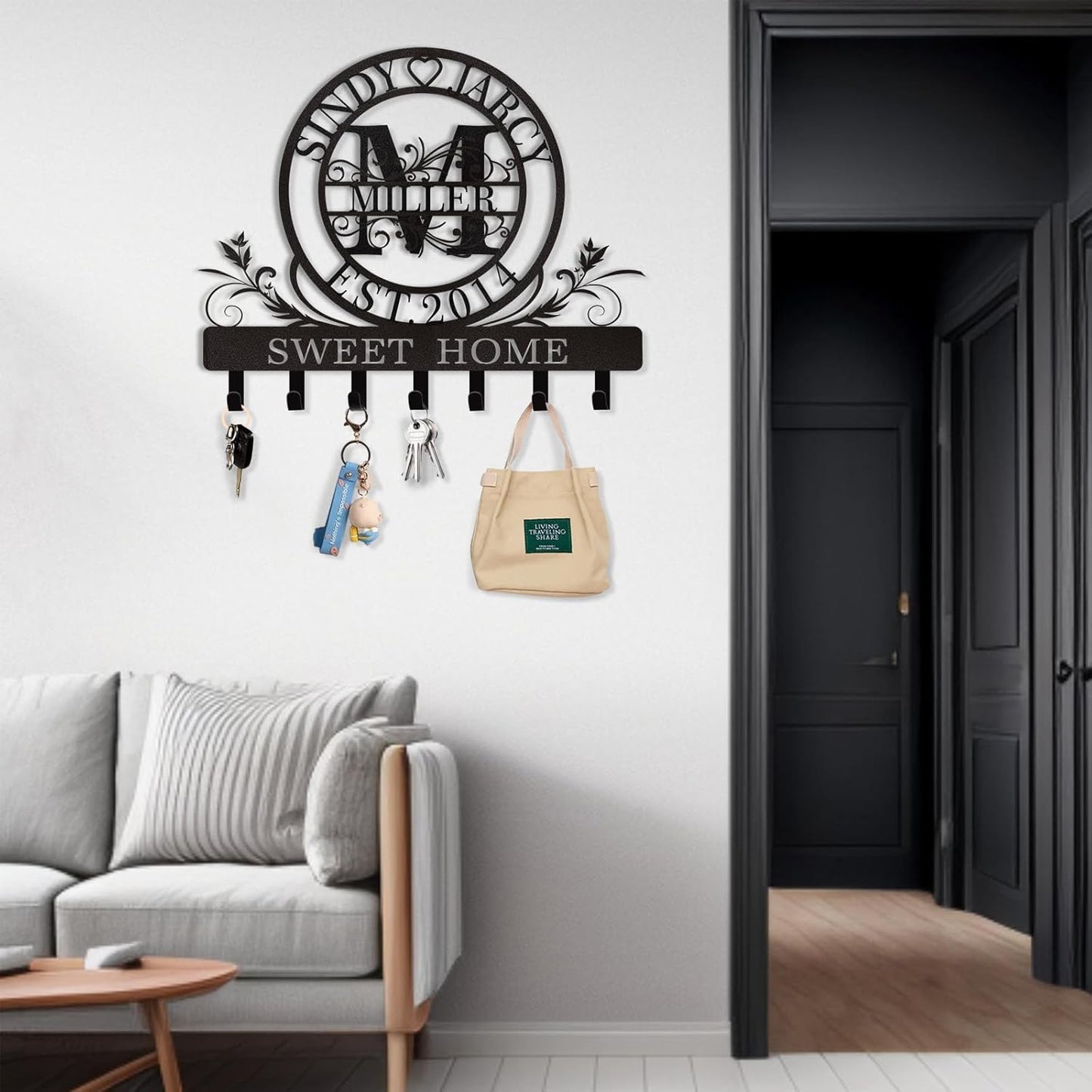 Personalized Key Holder for Wall, Custom Family Name Metal Wall Key Hanger, Key Hooks with Monogram Design, Key Rack Holder Wall Mount for Living Room Bedroom, Anniversary Couple Gift