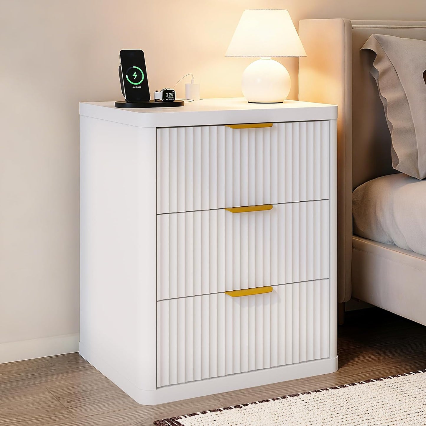 Fluted Nightstand with Charging Station, Bedside Table with 3 Drawers Storage Space, Metal Handles and Rounded Corners for Safety, Mid Century Modern End Table, Side Table for Bedroom, Living Room