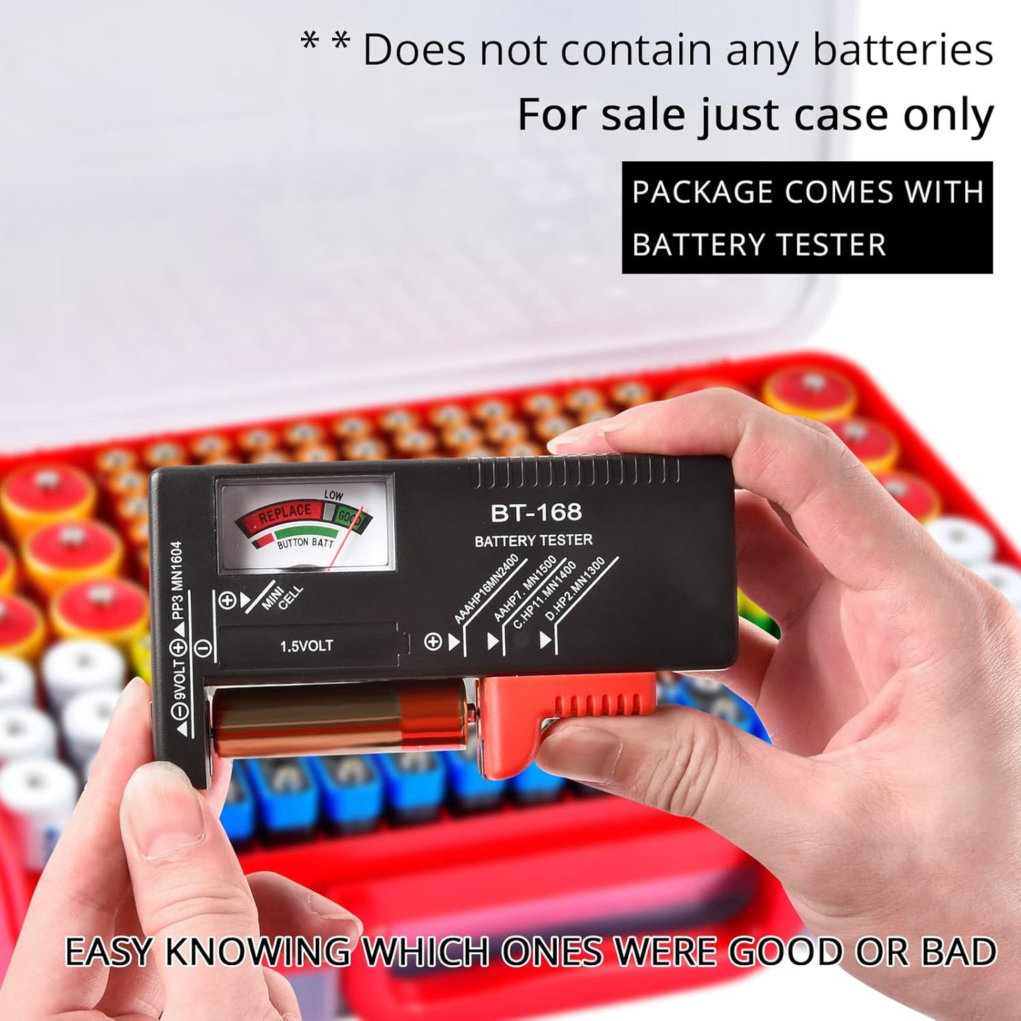 Battery Organizer Storage Holder Box Case with Tester- 269 Batteries Double-Sided Variety Pack, Holds AA AAA 4A C D Cell 9V 3V Lithium LR44 CR2 CR123 CR1632 18650 Button- Red (Box Only)