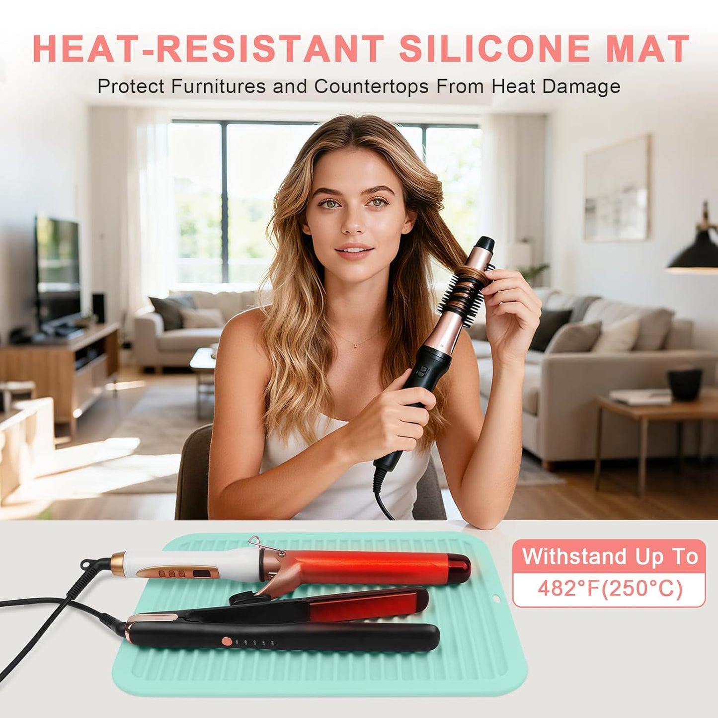 AMIJEAL Oversize Silicone Heat Resistant Mat for Hair Tools, Curling Iron Flat Iron Hair Straightener Holder Mat, Portable Hot Tools Sleeve Pad for Travel Vanity Salon(14.2" x 11.0")