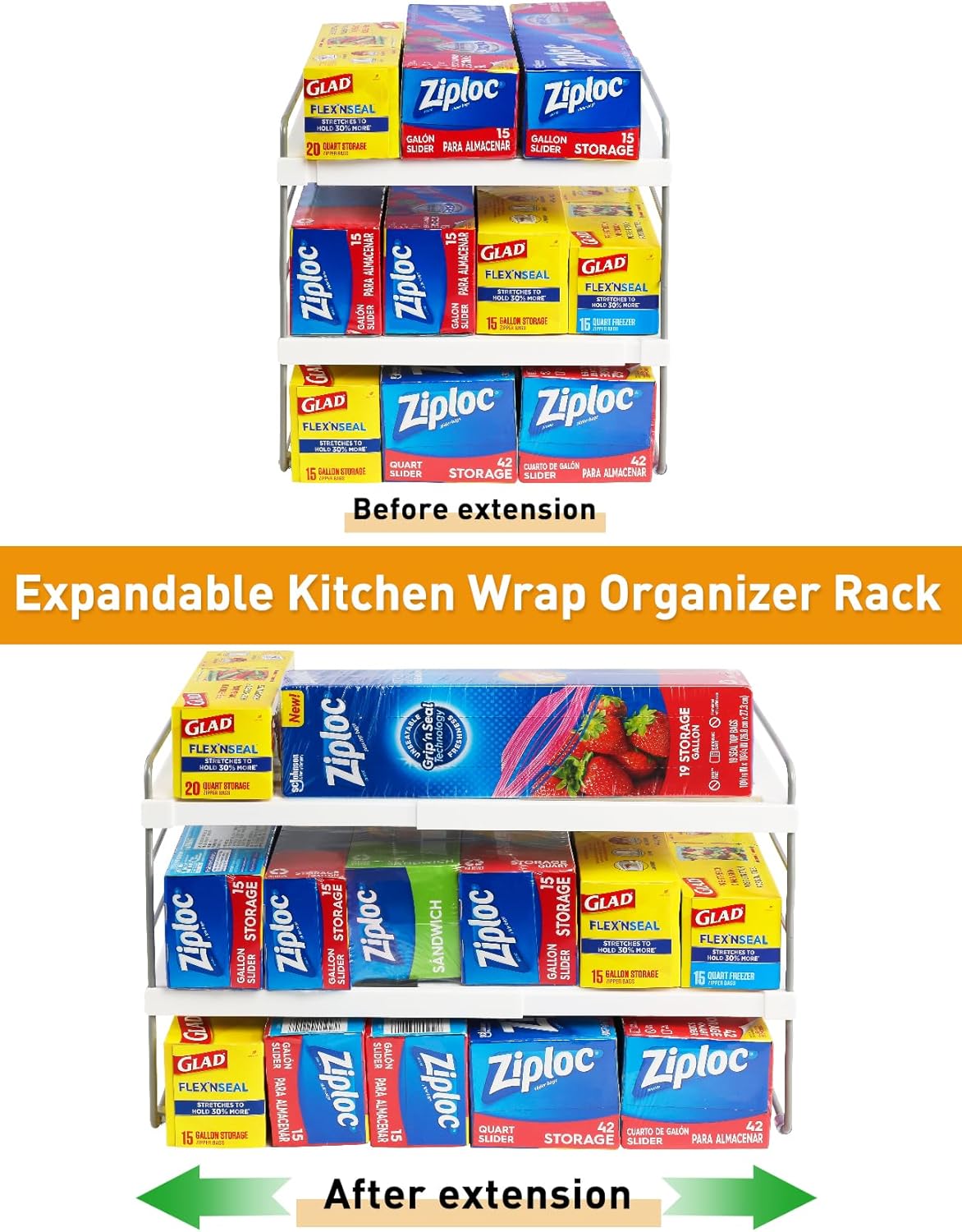 JUPELI Foil and Plastic Wrap Organizer, Expandable Kitchen Pantry Storage, Height Adjustable Cabinet Rack for Kitchen Organization, Aluminum Foil -3 Tier 9.8" to 15.6"L