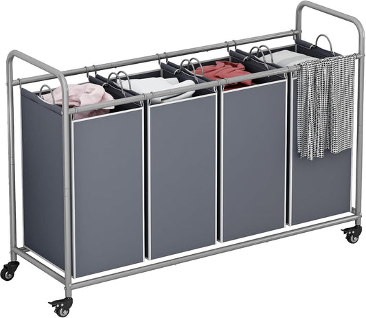 Laundry Sorter 4 Section Hamper Sorter with Heavy Duty Lockable Rolling Wheels Removable Bags Basket Separator for Dirty Clothes Storage, Grey
