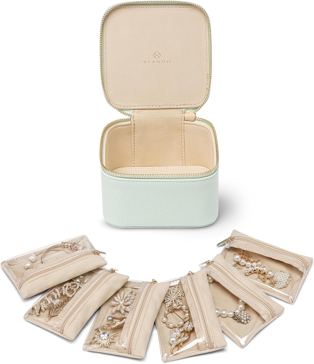Vlando Jewelry Box with 6 Velvet Jewelry Bags Travel Jewelry Case for Women Girl Premium Petal Hardware Jewelry Organizer Necklace Rings Earrings Bags Bride Teacher Mom Gifts-Mint Green