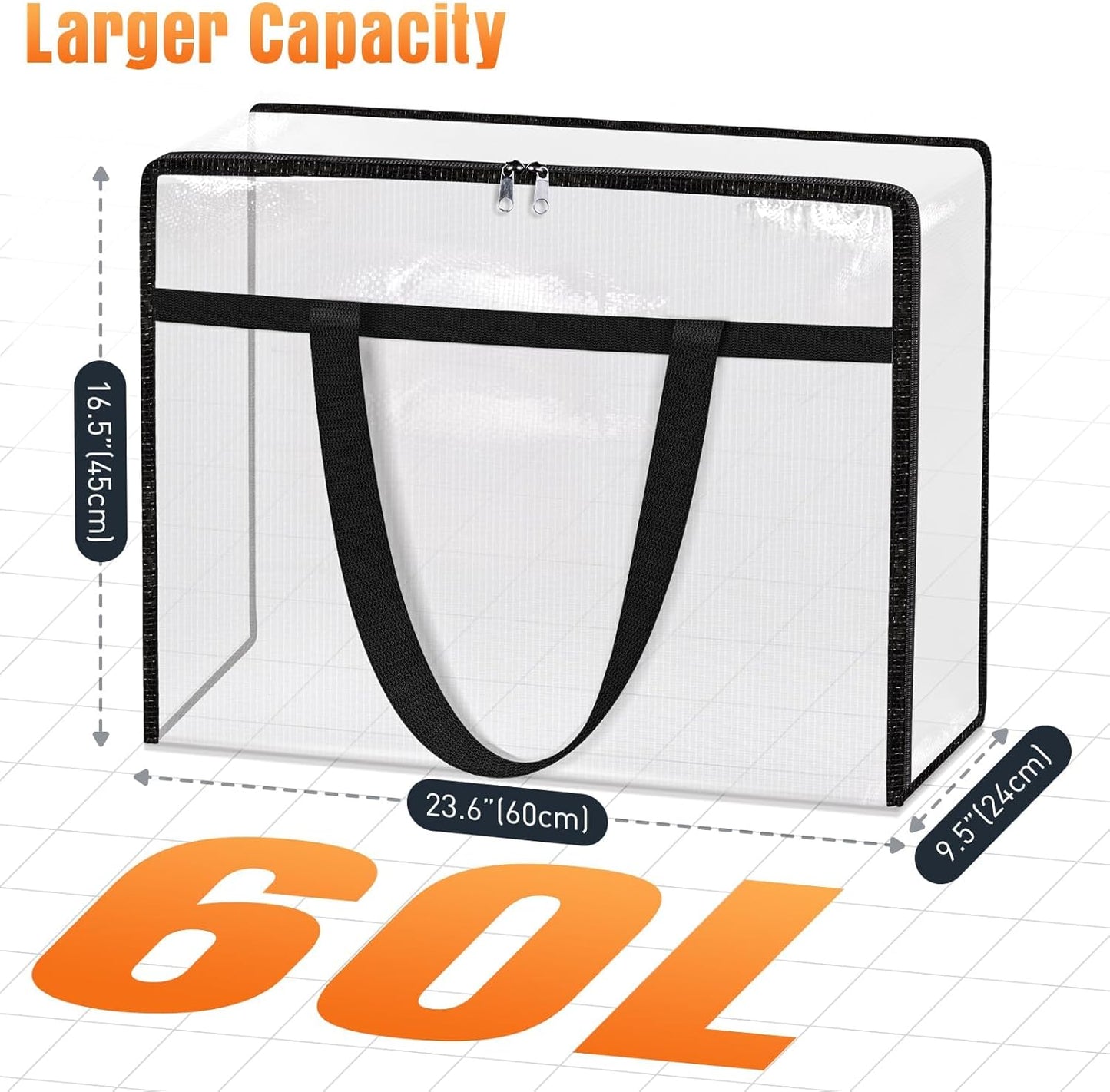 Clear Under Bed Storage Containers - 4 Pack Large Capacity Clothes Storage Bags with Lid & Sturdy Handles, Foldable Moving Bags, Clothing Organizer Totes for Bedding, Comforter, Sheet（60 L）