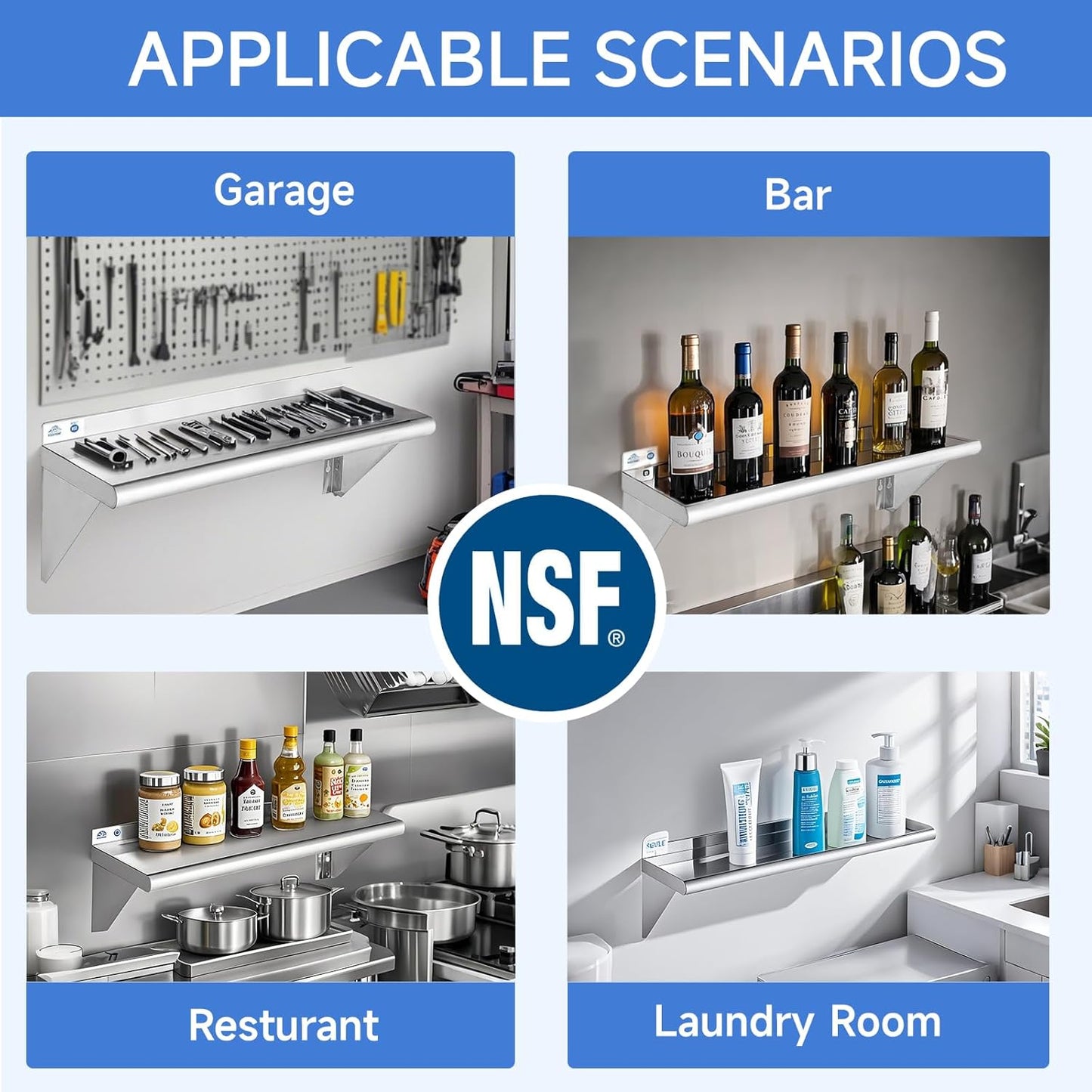 ROCKPOINT Stainless Steel Shelf 10 x 30 Inches 225lb, NSF Metal Commercial Shelves Wall Mount Floating Shelving with Backsplash for Restaurant, Kitchen, Home and Hotel, Silver