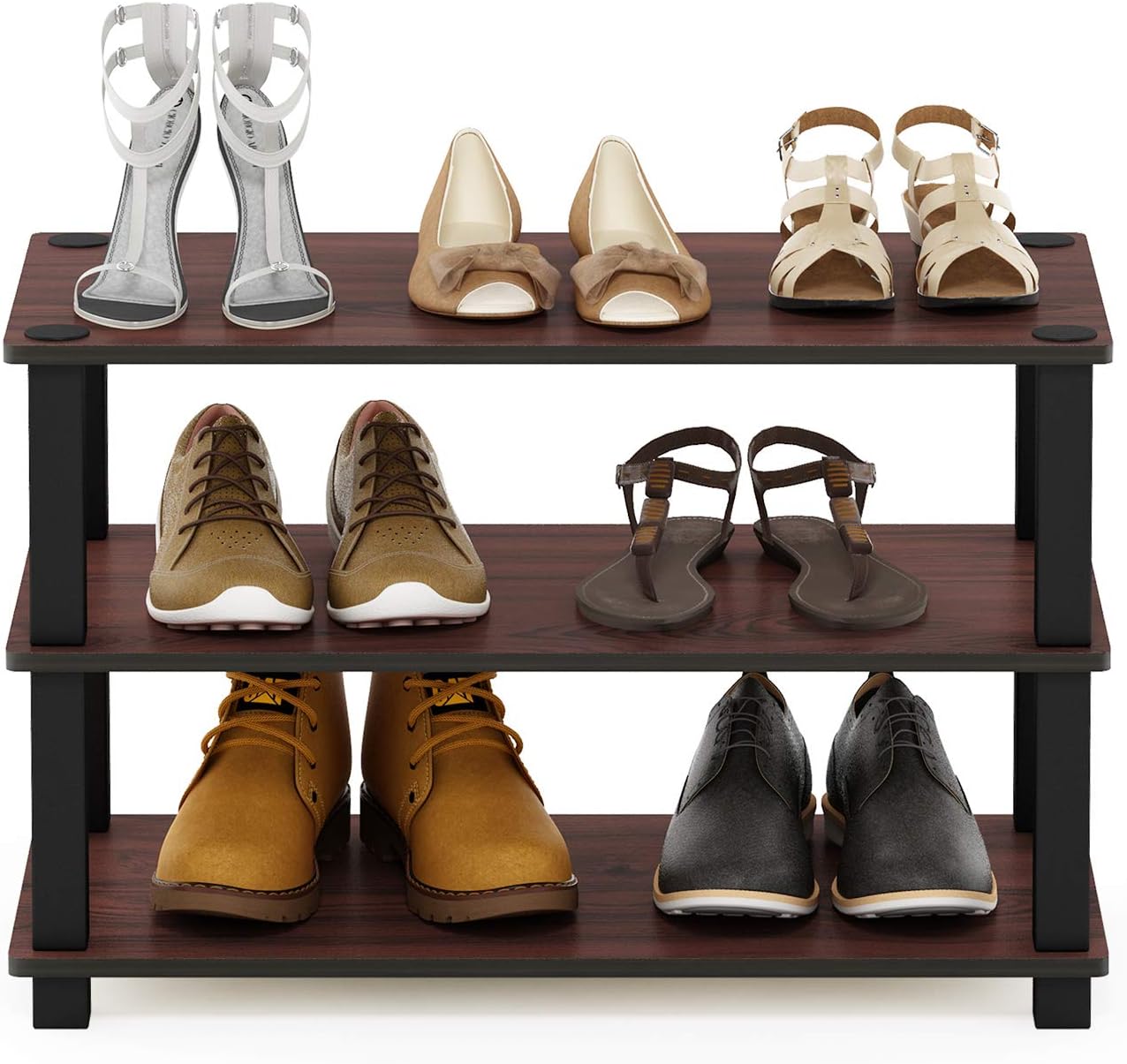 Furinno Turn-S-Tube 3-Tier Shoe Rack, Dark Cherry/Black