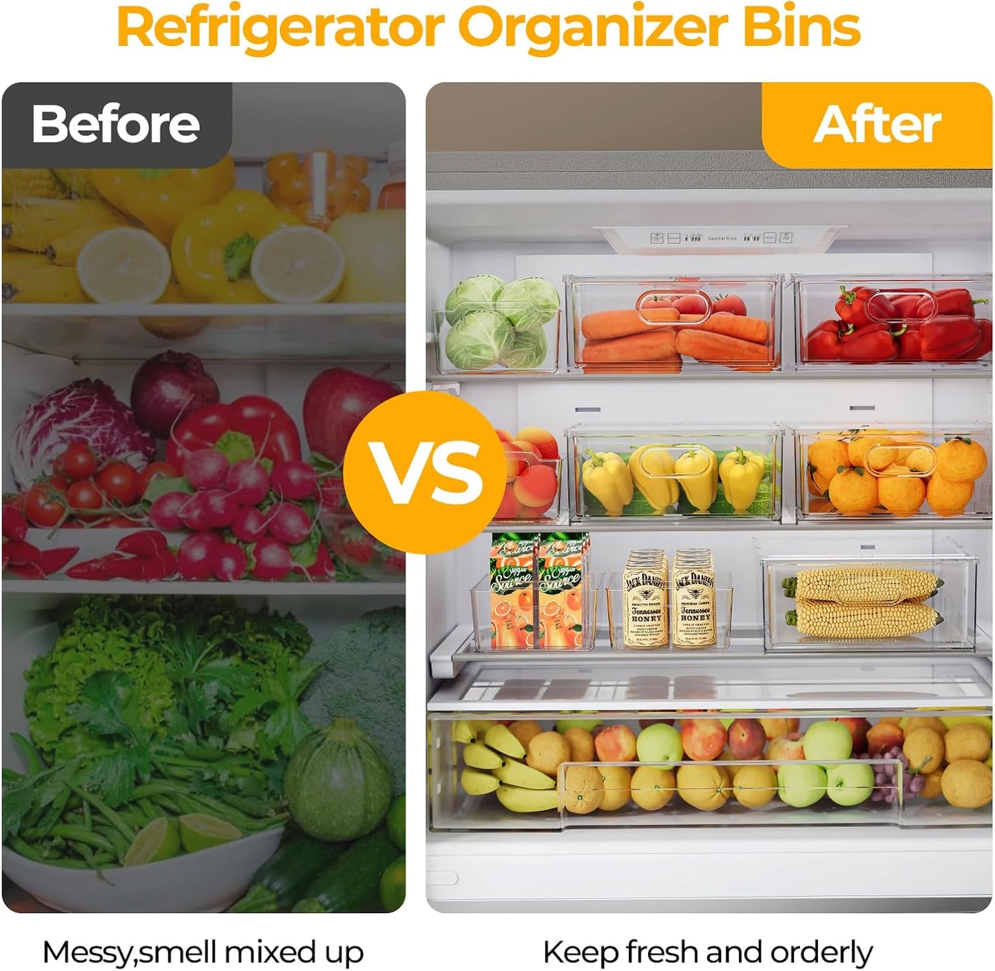Refrigerator Organizer Bins with Pull-out Drawer 6 Pack Stackable Clear Fridge Drawer Organizer Fruit Vegetable Storage Containers for Kitchen Pantry Organization (2 Large+4 Medium)