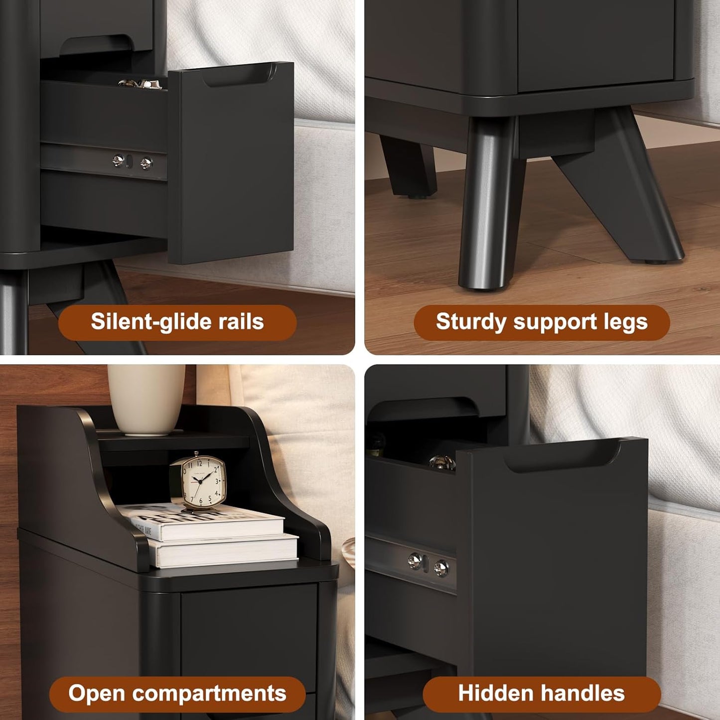 Narrow Nightstand with Drawers, Wood Night Stand with Charger Station, Narrow Bedside Table Modern Side Table Skinny End Table for Bedroom, Black