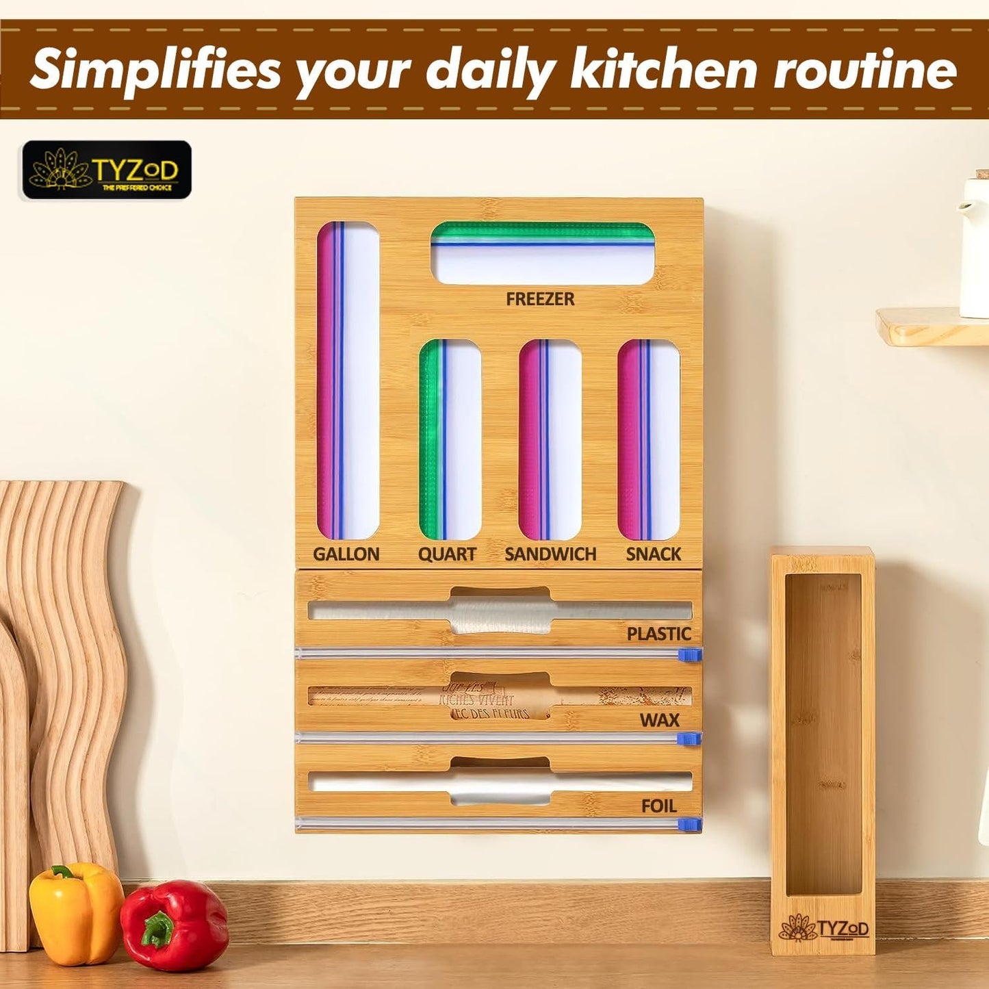 9-in-1 Bamboo Storage Bag Organizer with Cutter, Kitchen Drawer & Wall Mount Storage for Foil, Plastic Wrap, Gallon, Quart, Sandwich, Snack & Freezer Bags, Fits Rolls ≤12” Long, ≤2” Diameter