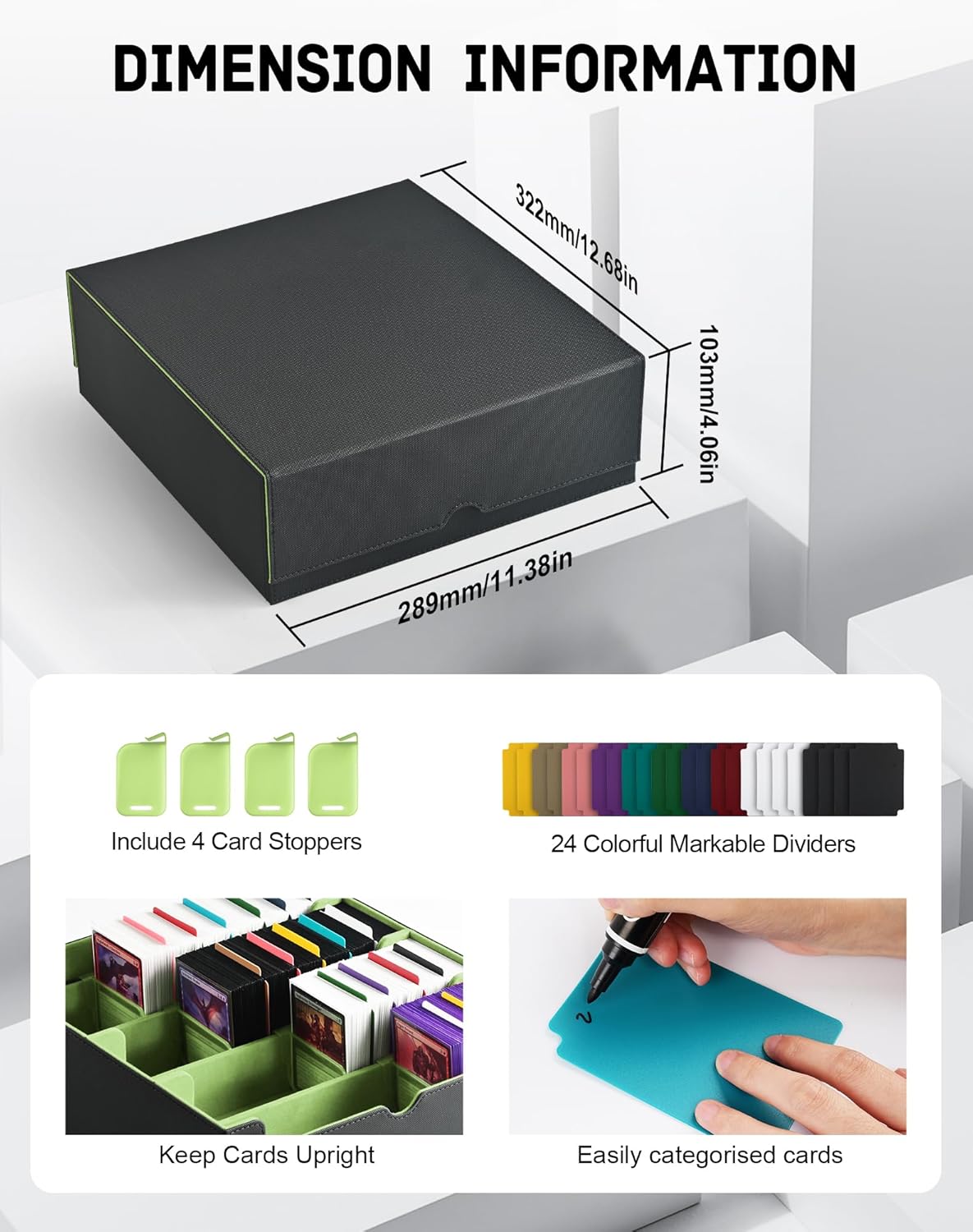 ZLCA Card Storage Box for MTG PTCG, Commander Deck Box Holds 3200+ Cards, Trading Card Storage Case with 4 Stoppers, Card Organizer for TCG Sport Cards(Black&Green)