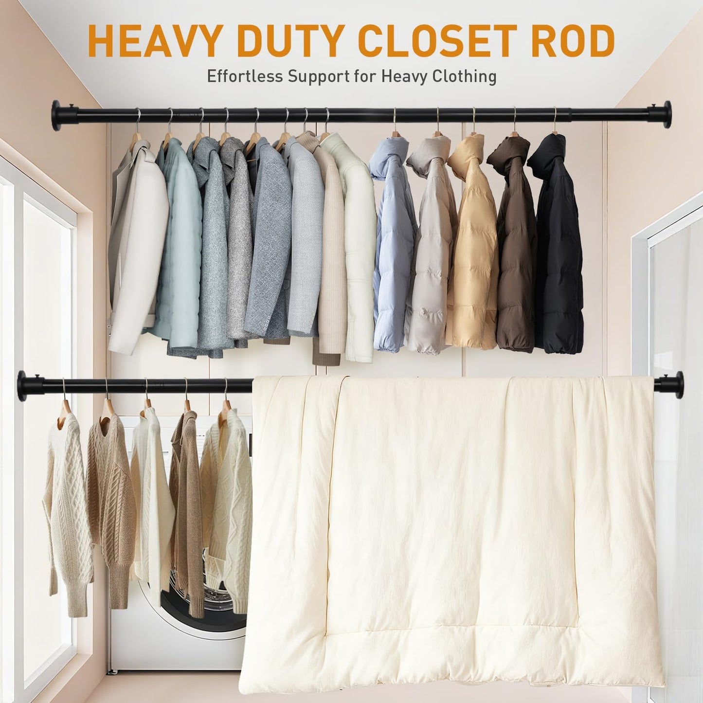 Black Adjustable Closet Rod 18-92 Inches, Heavy Duty Metal Clothes Hanging Rod, Rust-Proof Non-Slip Wardrobe Bar for Closet, Laundry Room, RV
