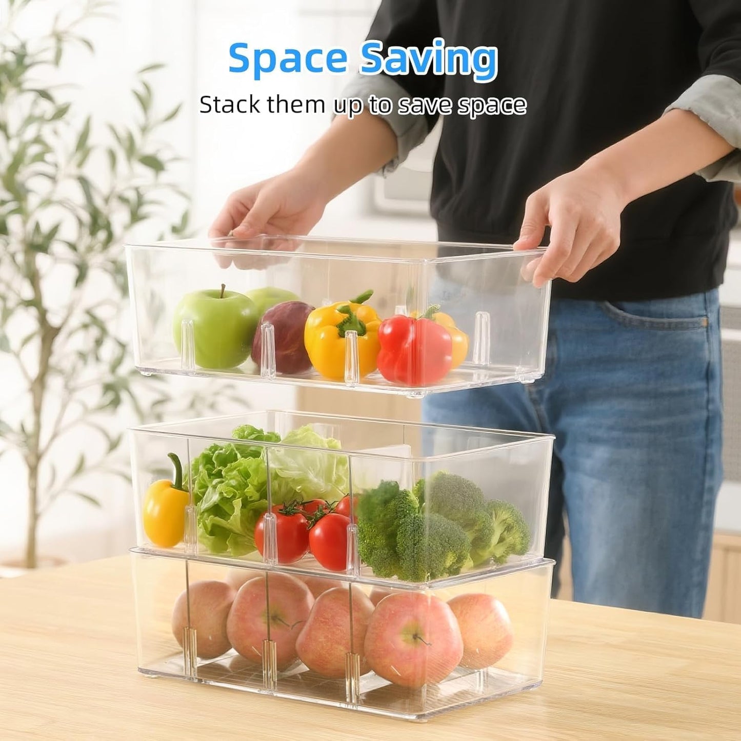 4 Pack Pantry Organizers and Storage,Snack Containers with 3 Dividers for Kitchen,Fridge,Refrigerator Organization and Storage,Clear Plastic Organizer Bins for Spice,Tea bag,Seasoning