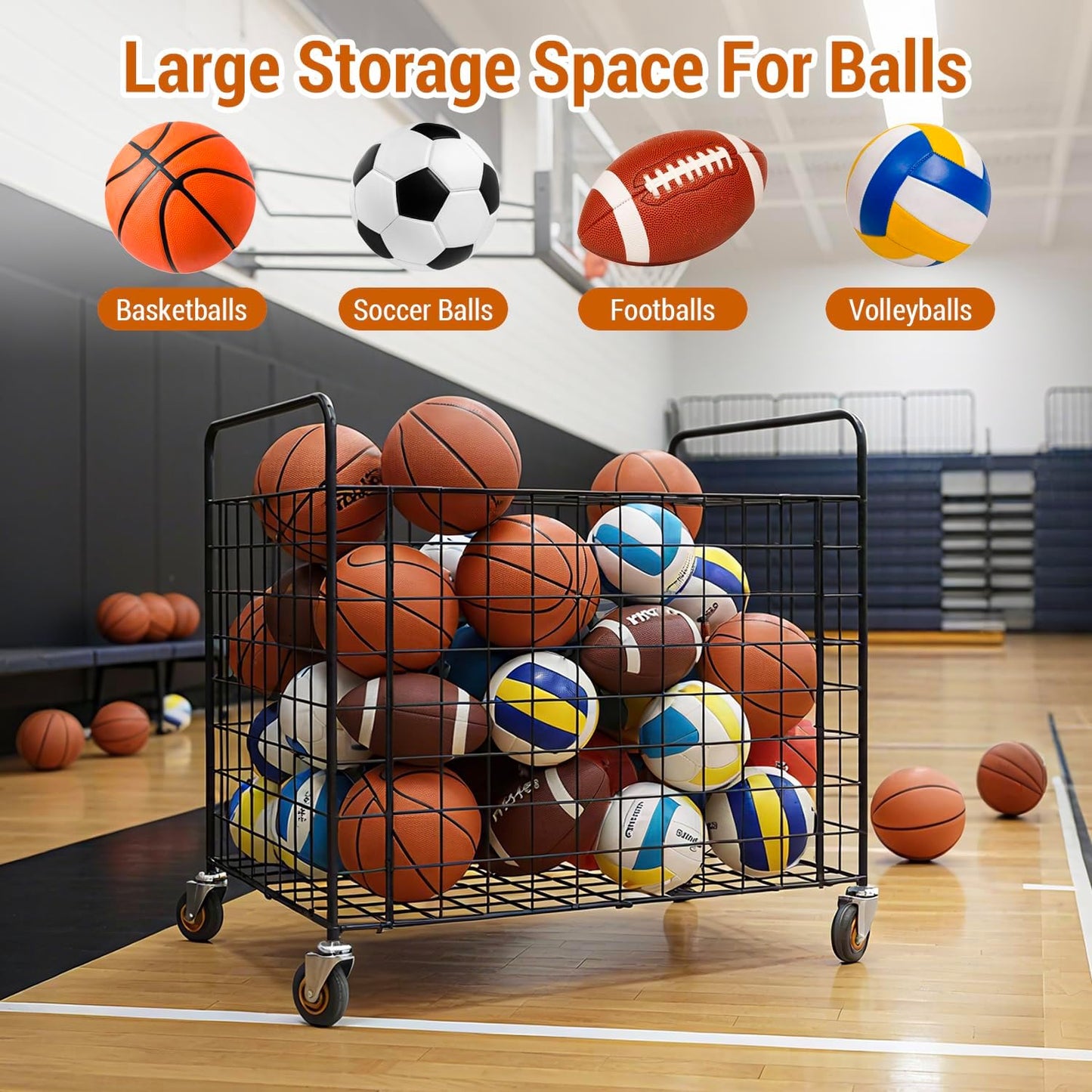 MyGift Professional Gym Metal Multi Sports Ball Storage Cart with Jumbo Industrial Wheels, Commercial Grade Portable Equipment Locker Cage for Basketball, Football, Soccer, Volleyball