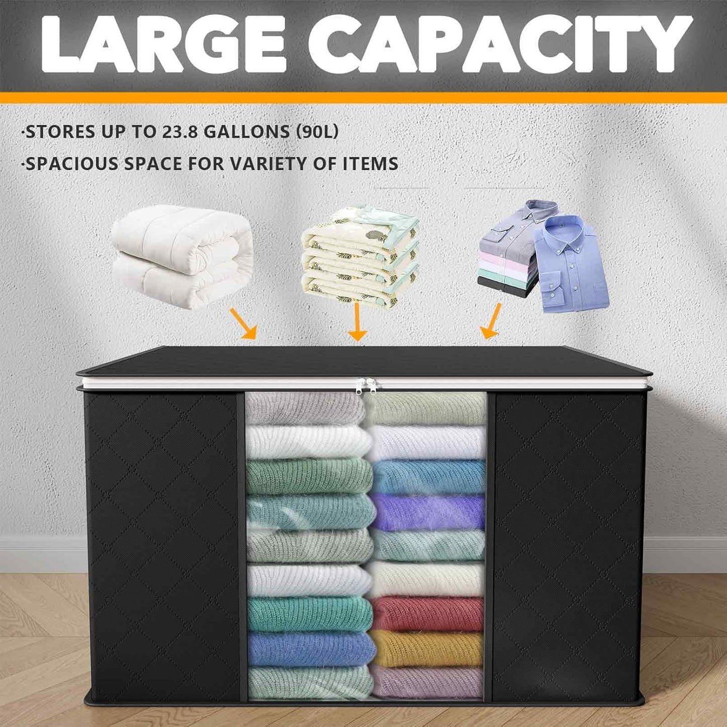 SpaceAid 6 Pack 90L Clothing Storage Bags, Heavy Duty Closet Storage Bins, Extra Large Moving bags, Storage Containers for Clothes, Blankets, Comforters, and Pillows - Black